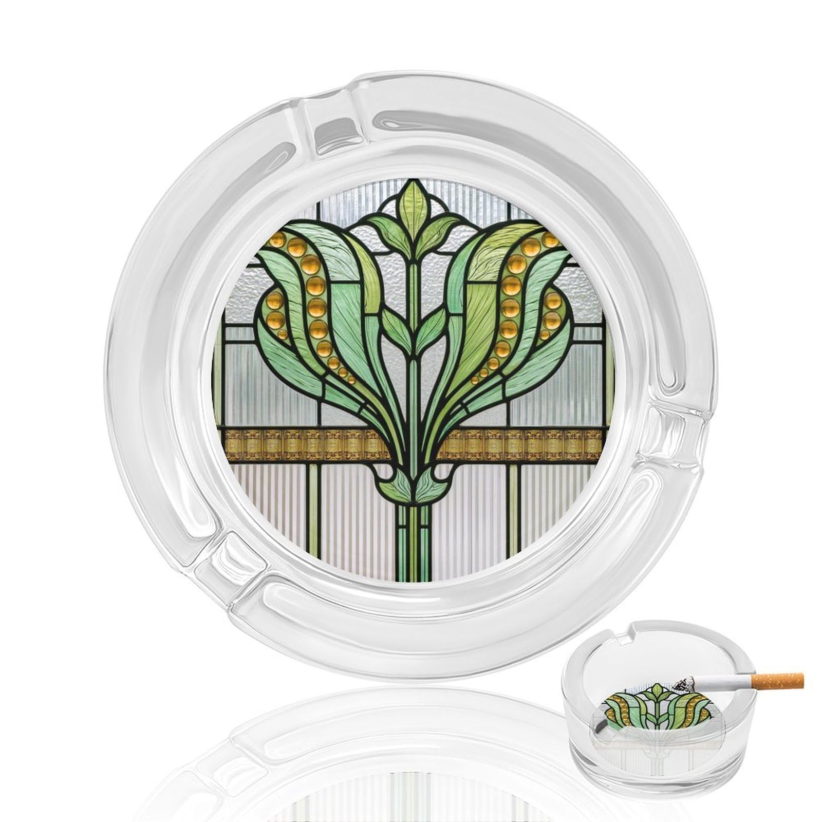 Stained Glass Panel Stylized Floral in Green Glass Ashtray for Cigarettes Portable Decorative Ash Trays for Home Office Decor