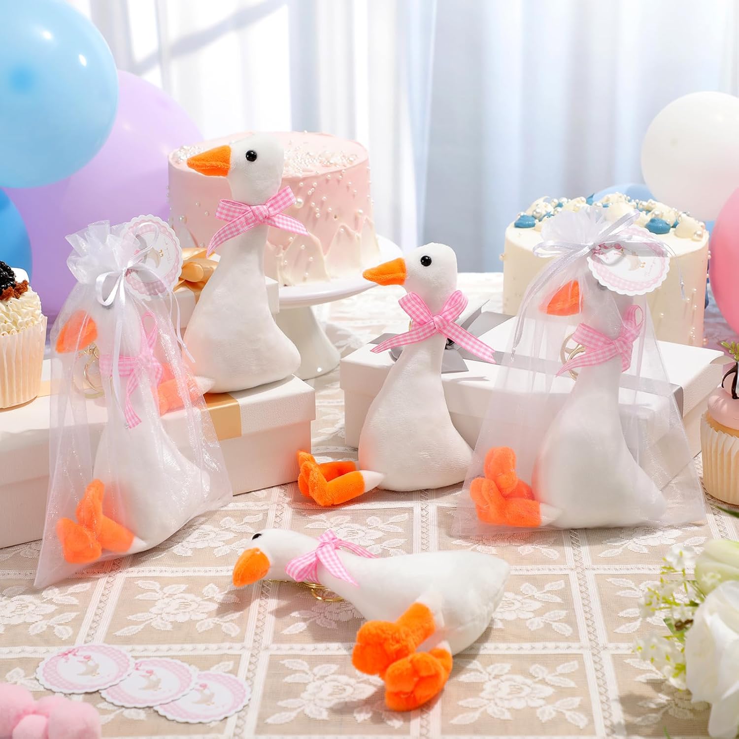 Liliaafar 12 Sets One Silly Goose Party Favors, 6'' Stuffed Plush Goose with Pink Gingham Bow Stuffed Animal Keychain Thank You Cards Bags for Birthday Party Supplies(Pink)