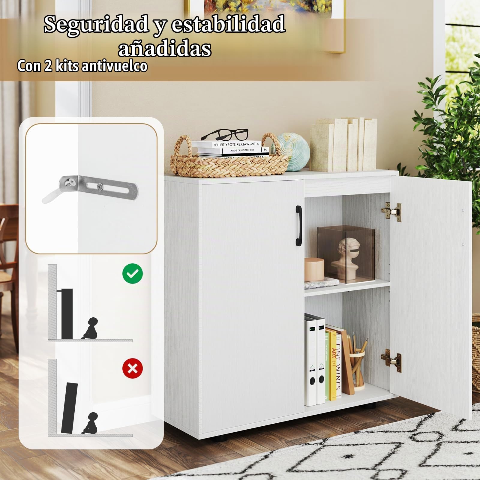 KOMFOTTEU Armario Buffet con 2 Puertas, Mueble Auxiliar con Estate Ajustable, Mueble Bajo de Madera con Dispositivos Antivuelcos, Aparador para Comedor, Salón, Entrada, 80 x 31,5 x 82 cm