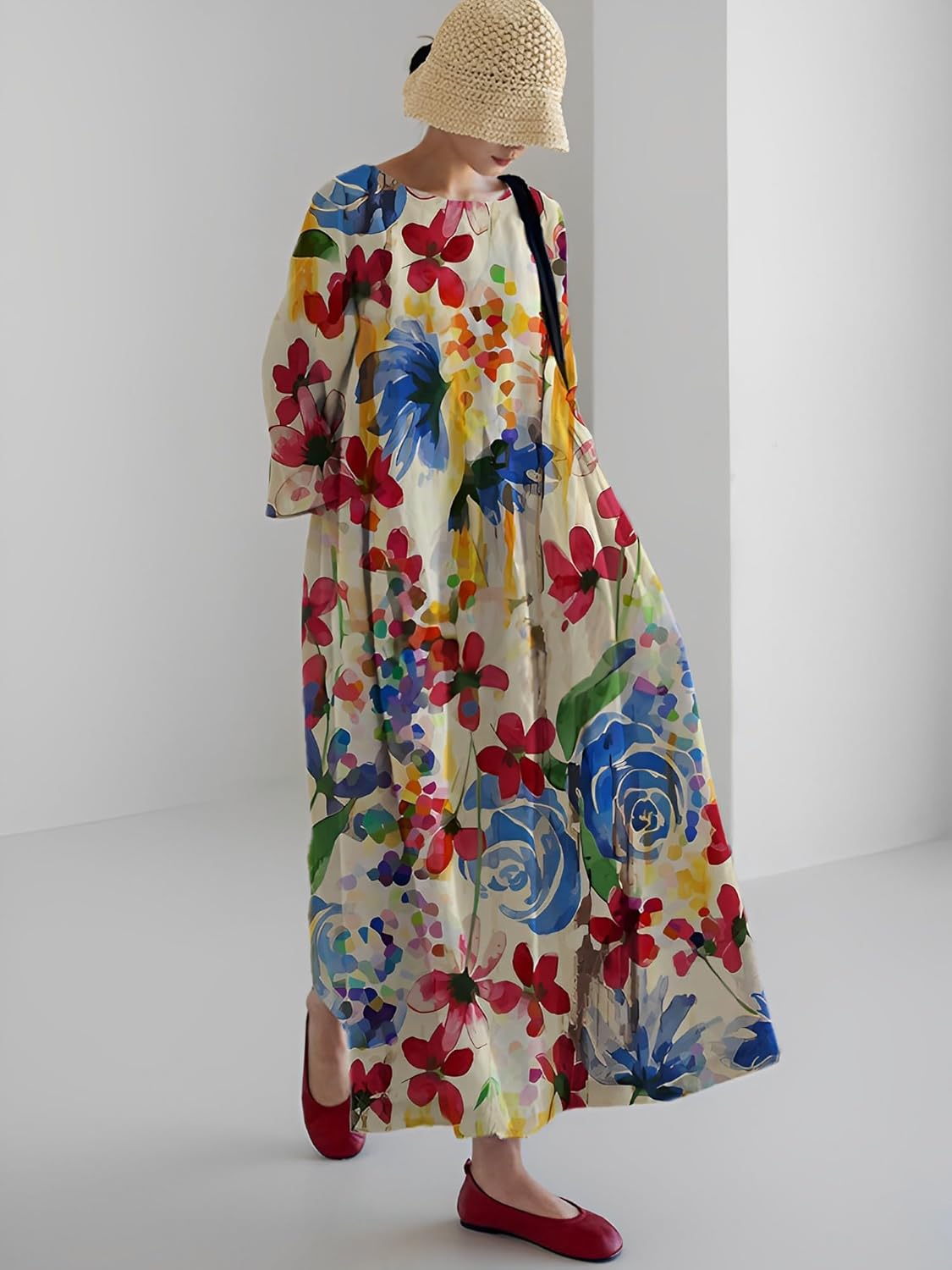 Akivide Womens Casual Loose 3/4 Sleeve Cotton Boho Floral Maxi Dresses Oversized Round Neck Long Maxi Fall Swing Dress - Image 2