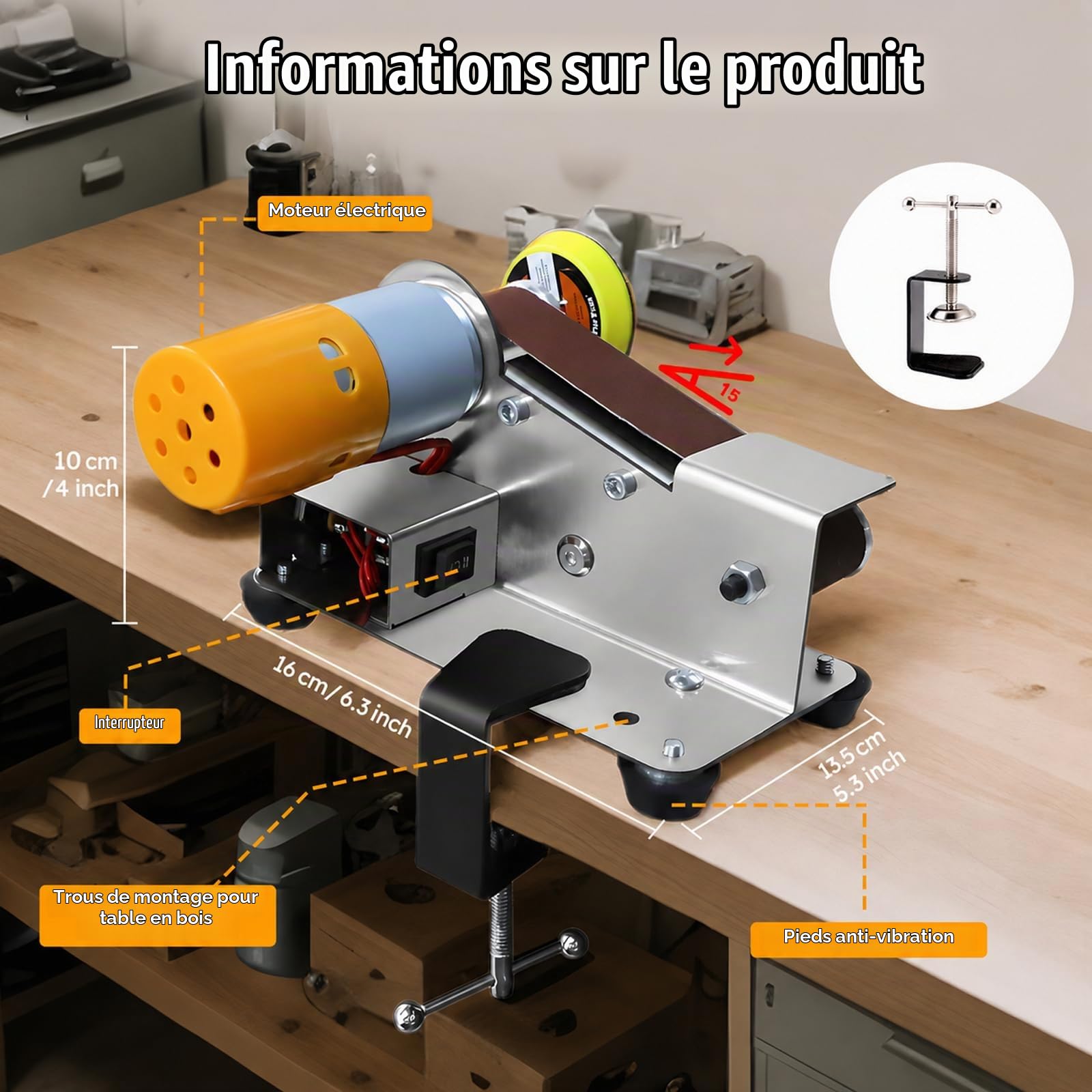 Ponceuse à Bande, Mini Ponceuse à Bandeélectrique Pour Couteaux Polisseuse Diy 7 étapes AffûTeur De Couteaux à 15° Avec Angle Fixe Meuleuse De Bord Avec 10 Bandes Abrasives Et 20 Feuilles Abrasives