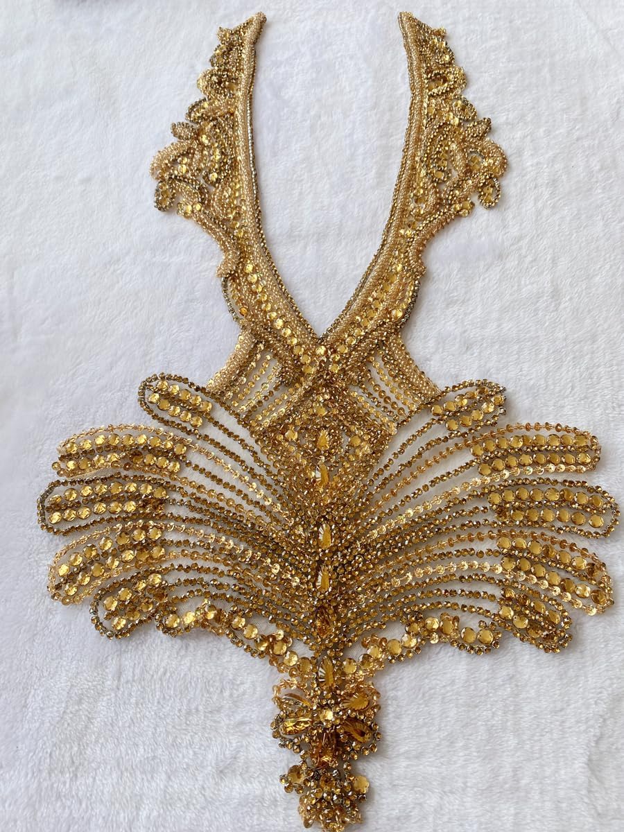 Large Bodice Applique Sequin Rhinestones Fine Appliques Handsewing Crystals and Beads for Dress Clothes 16X31inches (Champagne)