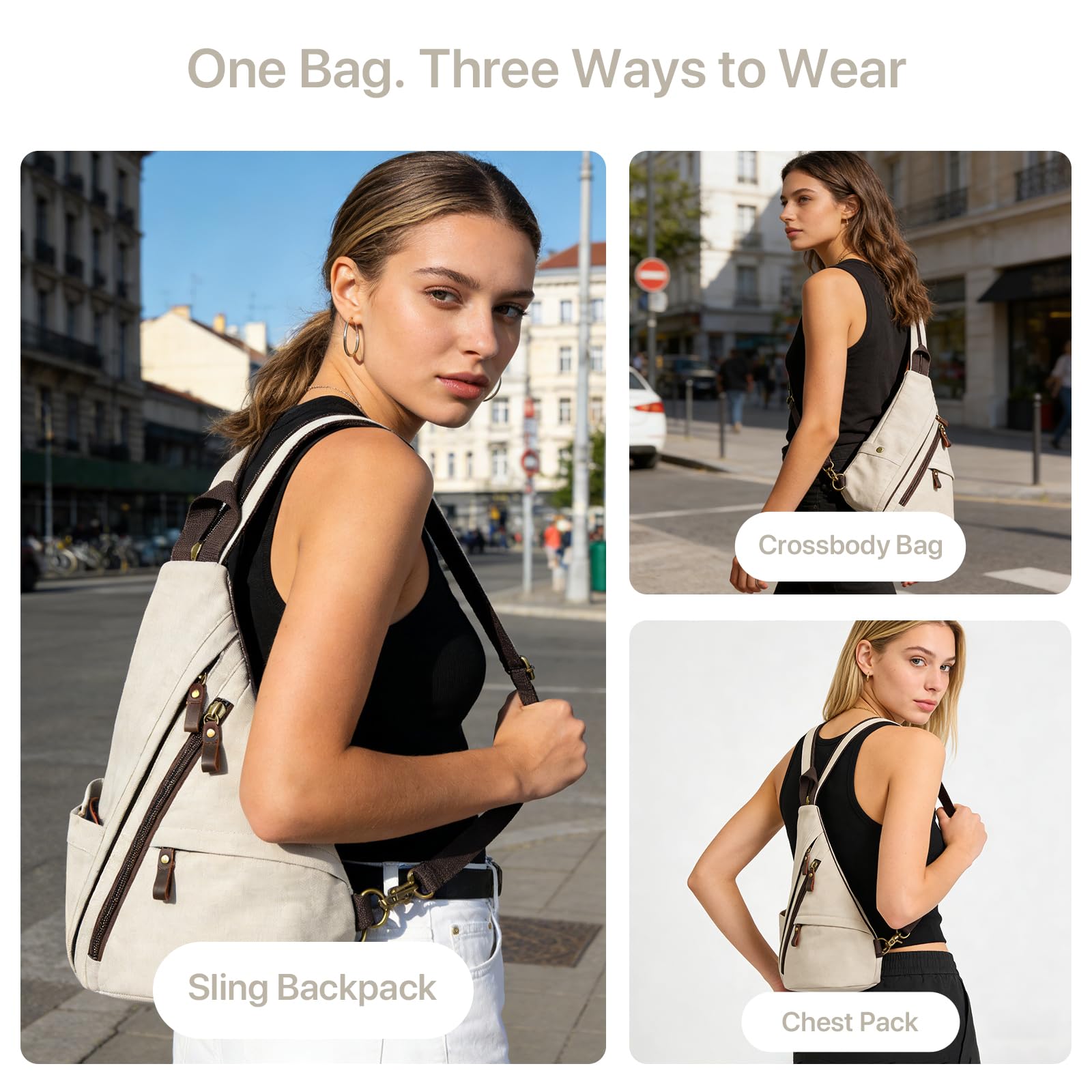 Zaino Monospalla Uomo Donna in Tela/Pelle Vintage, Borsa a Tracolla Convertibile 3 in 1, Zainetto Petto Marsupio Casual per Viaggio, Bici, Trekking e Lavoro