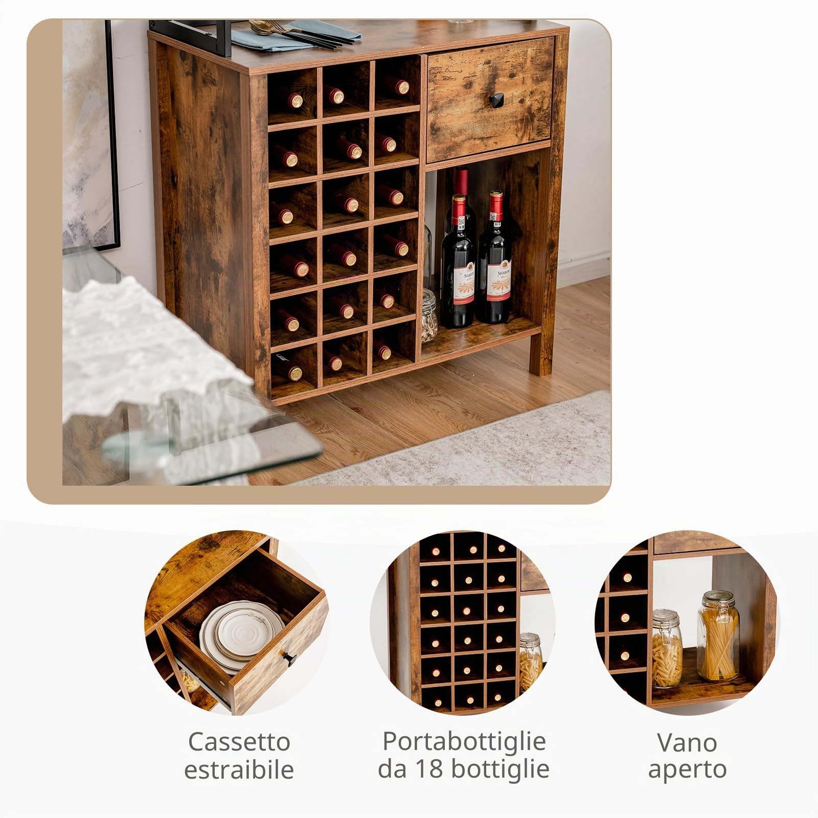 KOMFOTTEU Credenza da Cucina per Vino, Mobile Bar con Ripiani a 3 Livelli, 18 Portabottiglie, Portabicchieri, Mobile Portabottiglie con Cassetto per Sala da Pranzo, Soggiorno, Marrone, 74 x 40 x 160cm