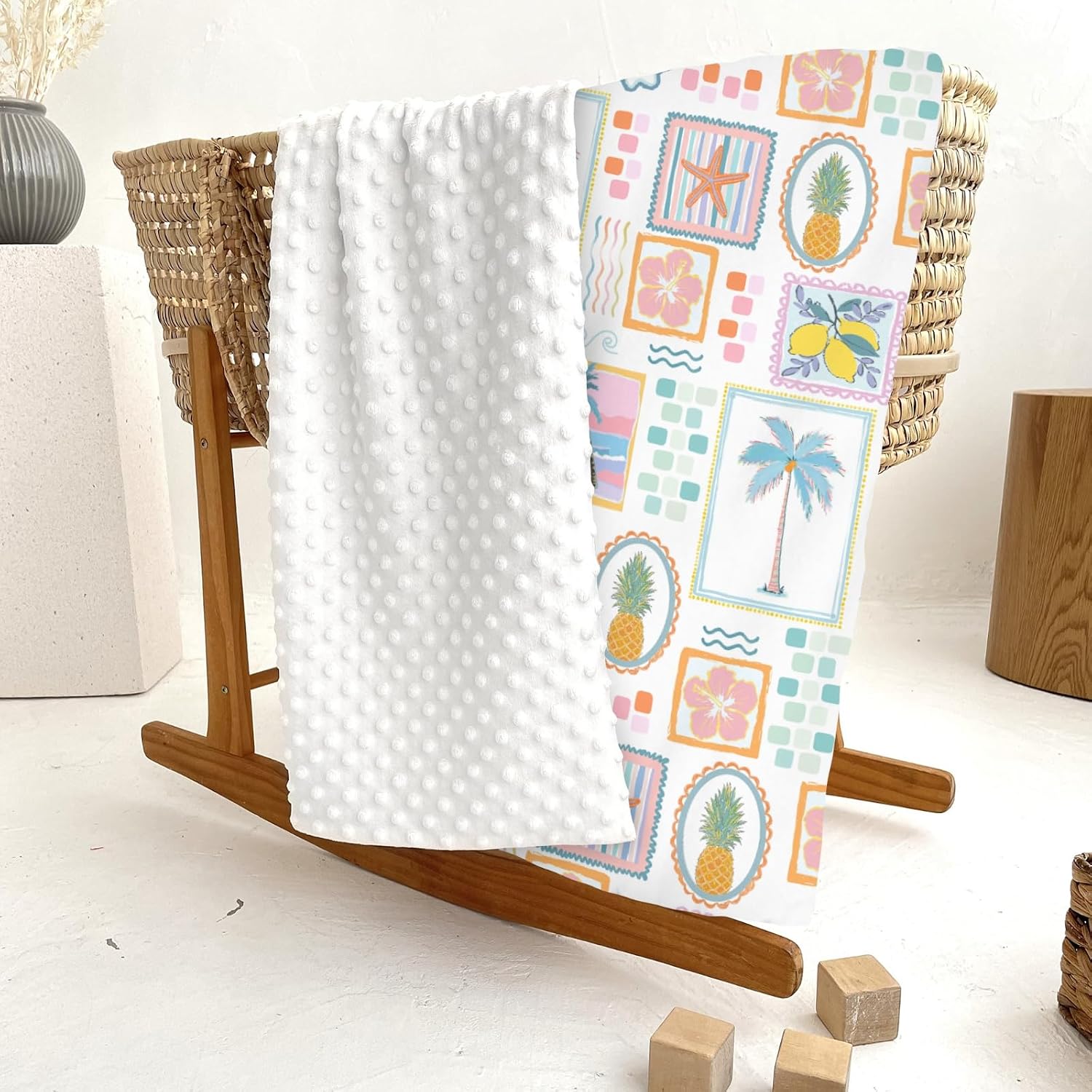 Colorful Beach Patchwork Baby Blankets for Girl Bright Summer Seashells Girly Soft Mink Dotted Backing Double Layer Swaddle Blanket Pineapple Lemon Palm Tree Bed Throw for Newborn Toddler Crib 30x40