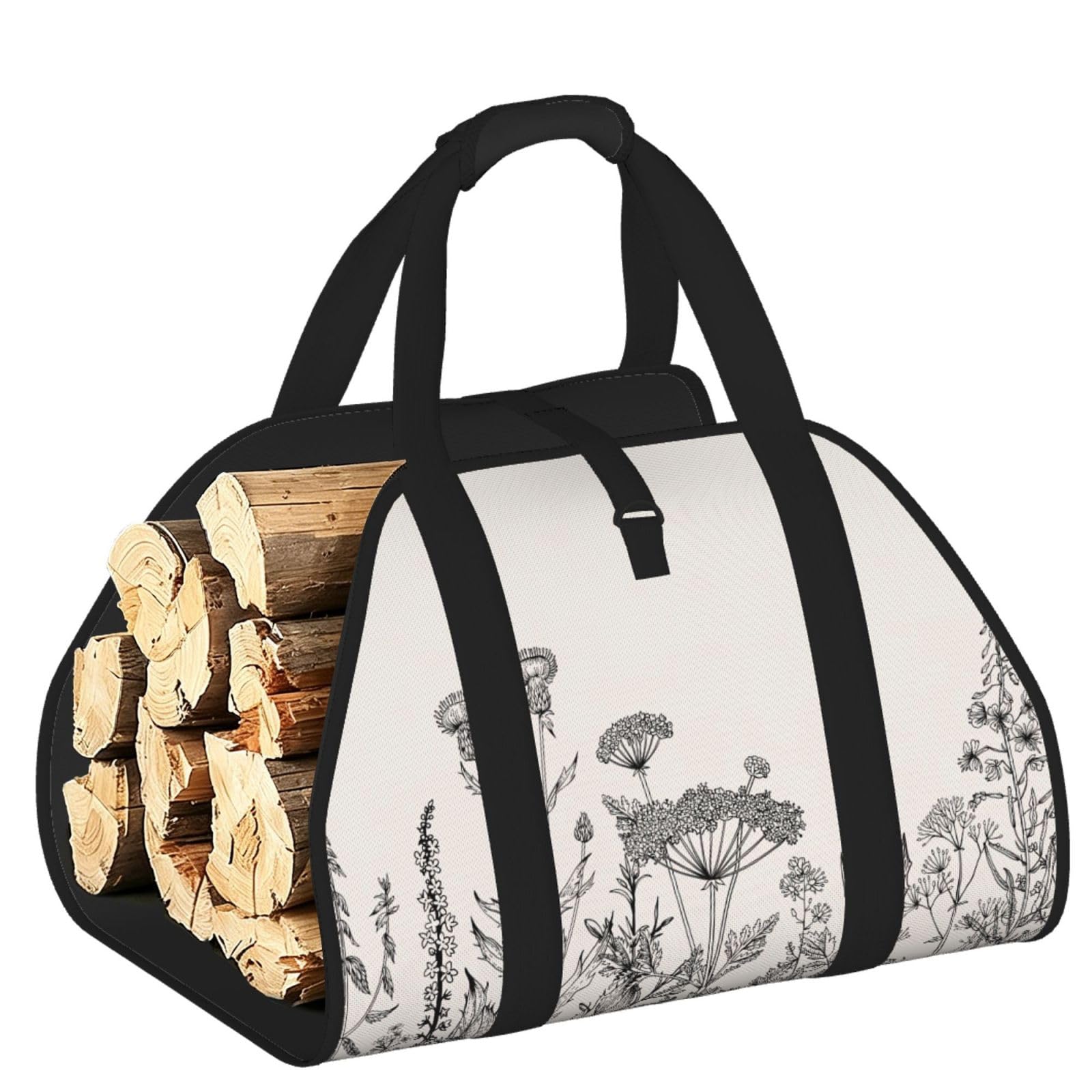 Ayyqwe Black Floral Herbs Botanical Engraving Print Firewood Bag Wood Waterproof Versatile Camping Picnic Storage Daily Home