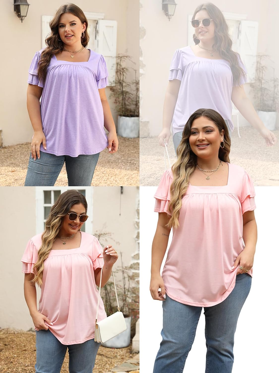 VISLILY Plus-Size-Summer-Tops for Women Petal Short Sleeve T Shirts Square Neck Tunics Flowy Pleated Blouses XL-5XL - Image 4