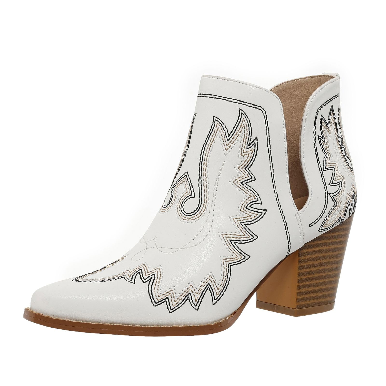 SelRoys Cowboy Boots for Women Cowgirl Ankle Western Embroidered Stitched Pointed Toe Cutout Chunky Heels Short Booties Red Brown Black US5-11