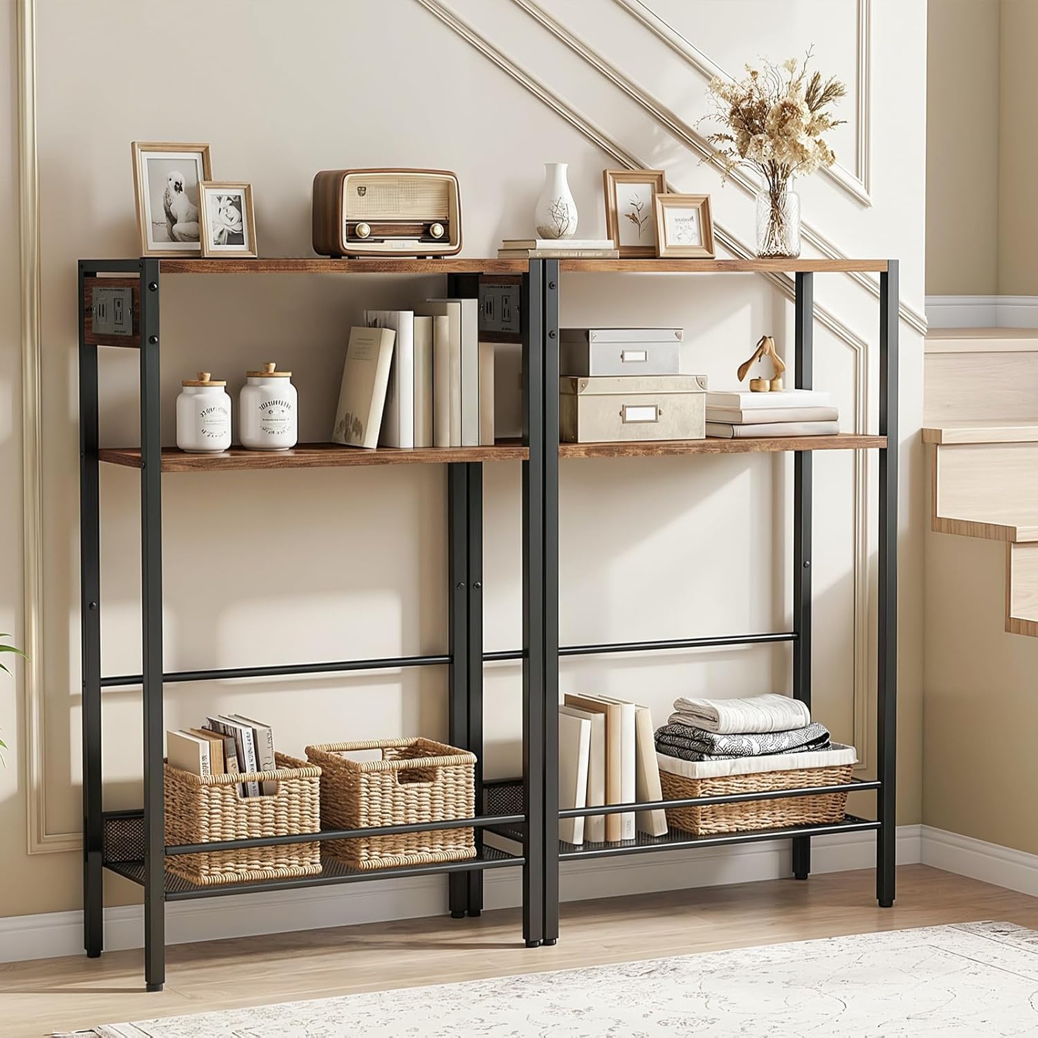 HOOBRO 15.7" Narrow Console Table with Charging Station, 3 Tier Entryway Table for Small Space, Behind Couch Table, Sofa Table, for Entryway, Hallway, Living Room, Rustic Brown and Black BF42UXG01