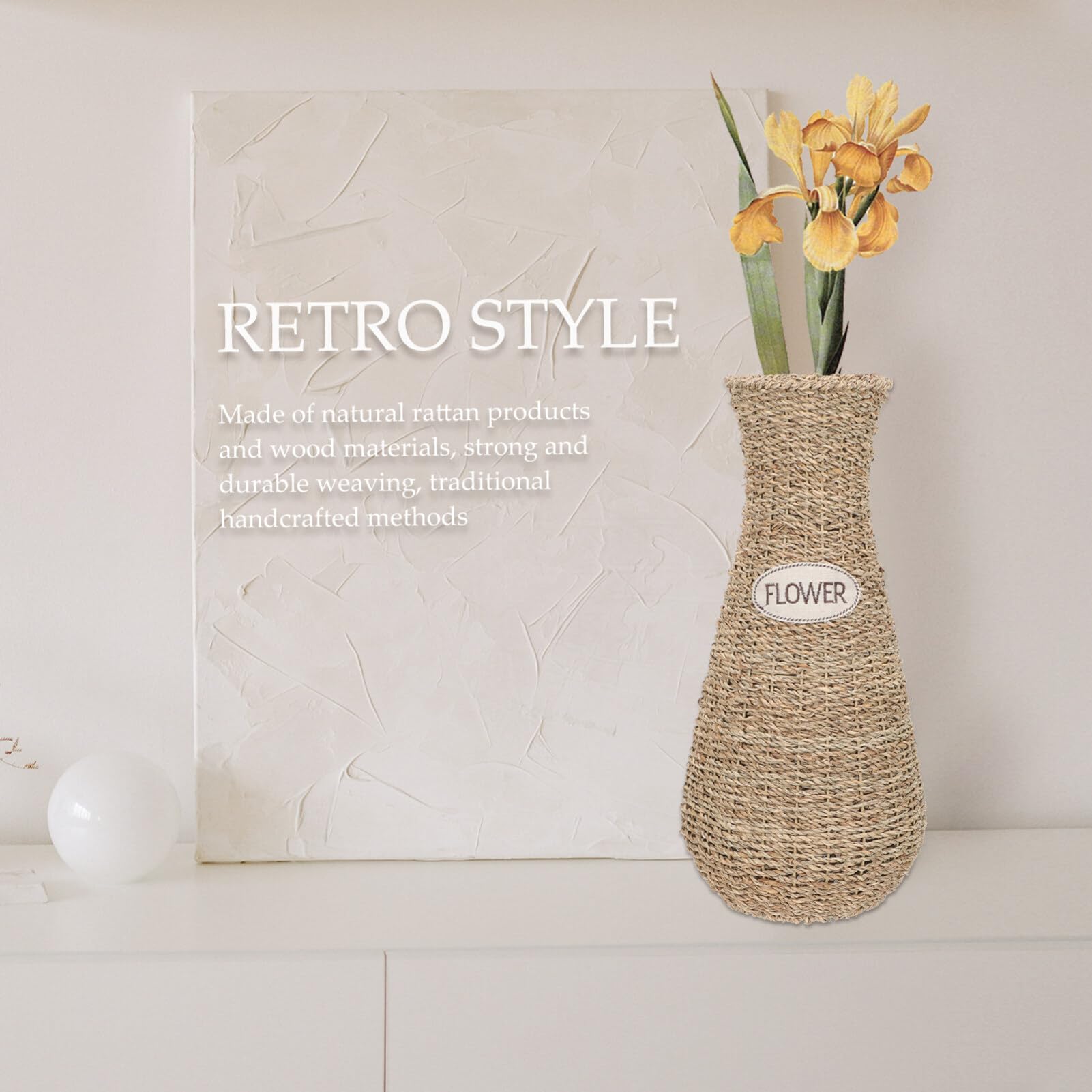 DOITOOL Gewebte Rattan Vase 44 Zoll Bodenvase Trockenblumenvase Deko Für Wohnzimmer Büro Natürliche Handwerkskunst Elegante Dekoration