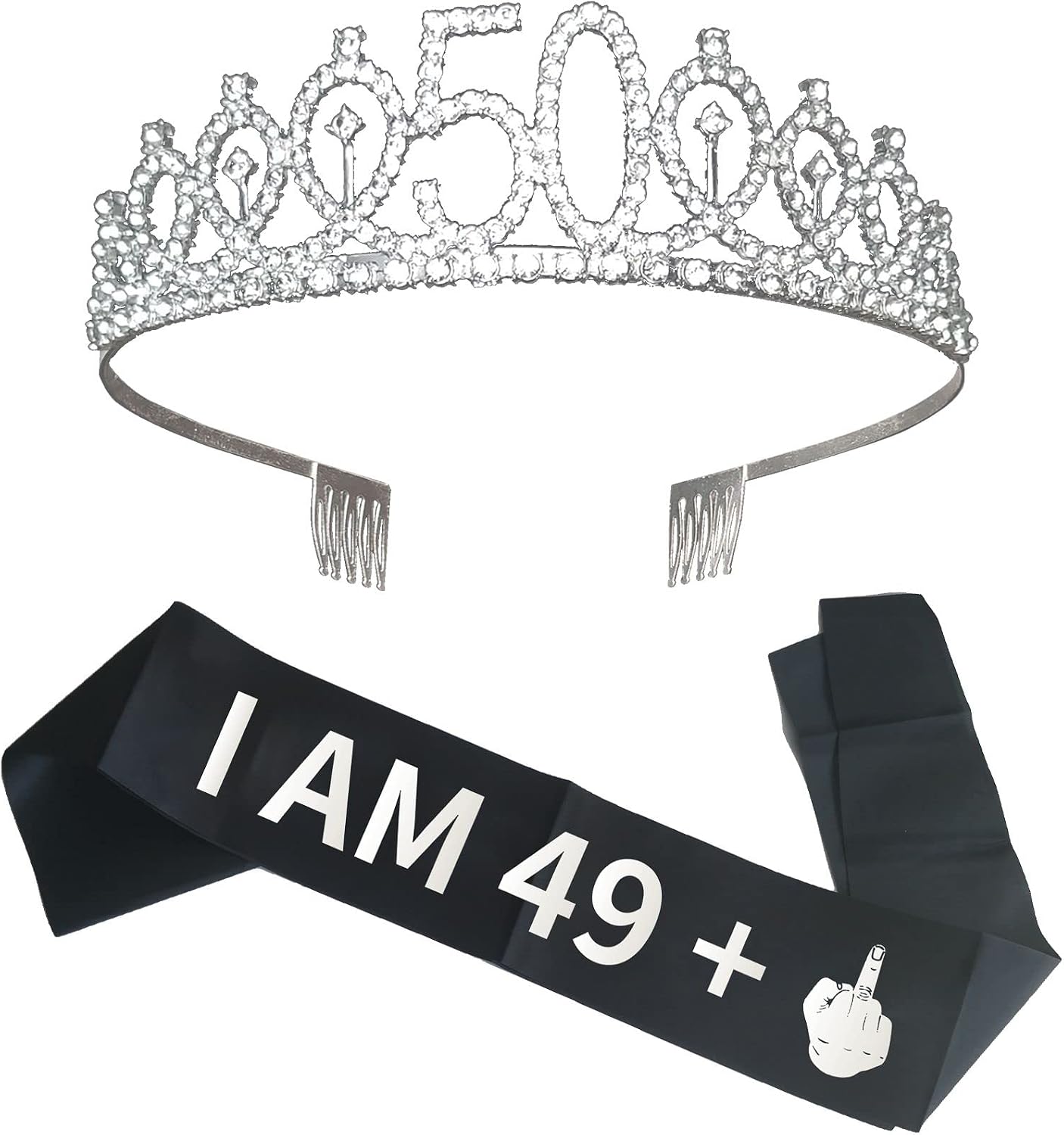 Joyiou 50 Birthday Gifts for Women, “I AM 49+1” Sash and Tiara Set, 50th Bday Decorations Funny Gifts for Women, Fifty Years Old Birthday Party Crown Silver Foil Satin Sash Favors Supplies