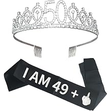 Joyiou 50 Birthday Gifts for Women, I AM 49+1 Sash and Tiara Set, 50th Bday Decorations Funny Gifts for Women, Fifty Years Old Birthday Party Crown Silver Foil Satin Sash Favors Supplies