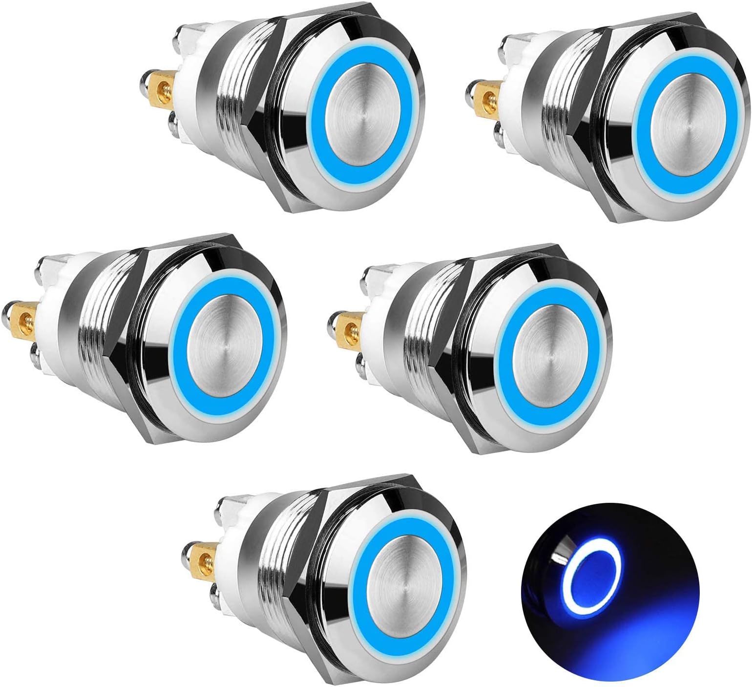 Linkstyle 5Pcs 19mm Momentary Push Button Switch with Blue Led Indicator Light, 12V Pushbutton Switch Waterproof Stainless Steel Metal SPST Momentary Switch for Car Marine Boat 12V 24V 110V 250V 5A