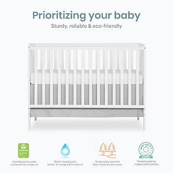 Dream On Me Synergy 5-in-1 Convertible Full-Size Baby Crib with Toddler, Day & Full Bed Conversion in White, GreenGuard Gold & BSA, 3 Mattress Heights, Sustainable Pinewood