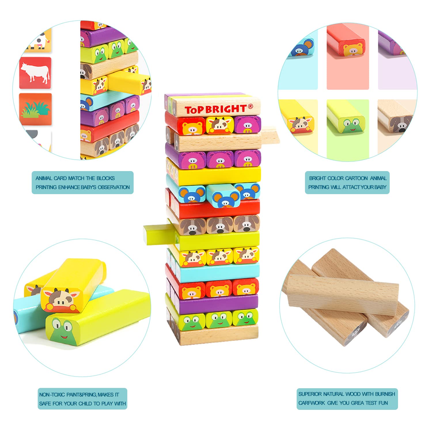 TOP BRIGHT 4 en 1 Torre de Bloques Infantil con Colores y Animales Juguete Educativo para Niños Niñas Juegos de Mesa Familiar con 51 Bloques 24 Cartas