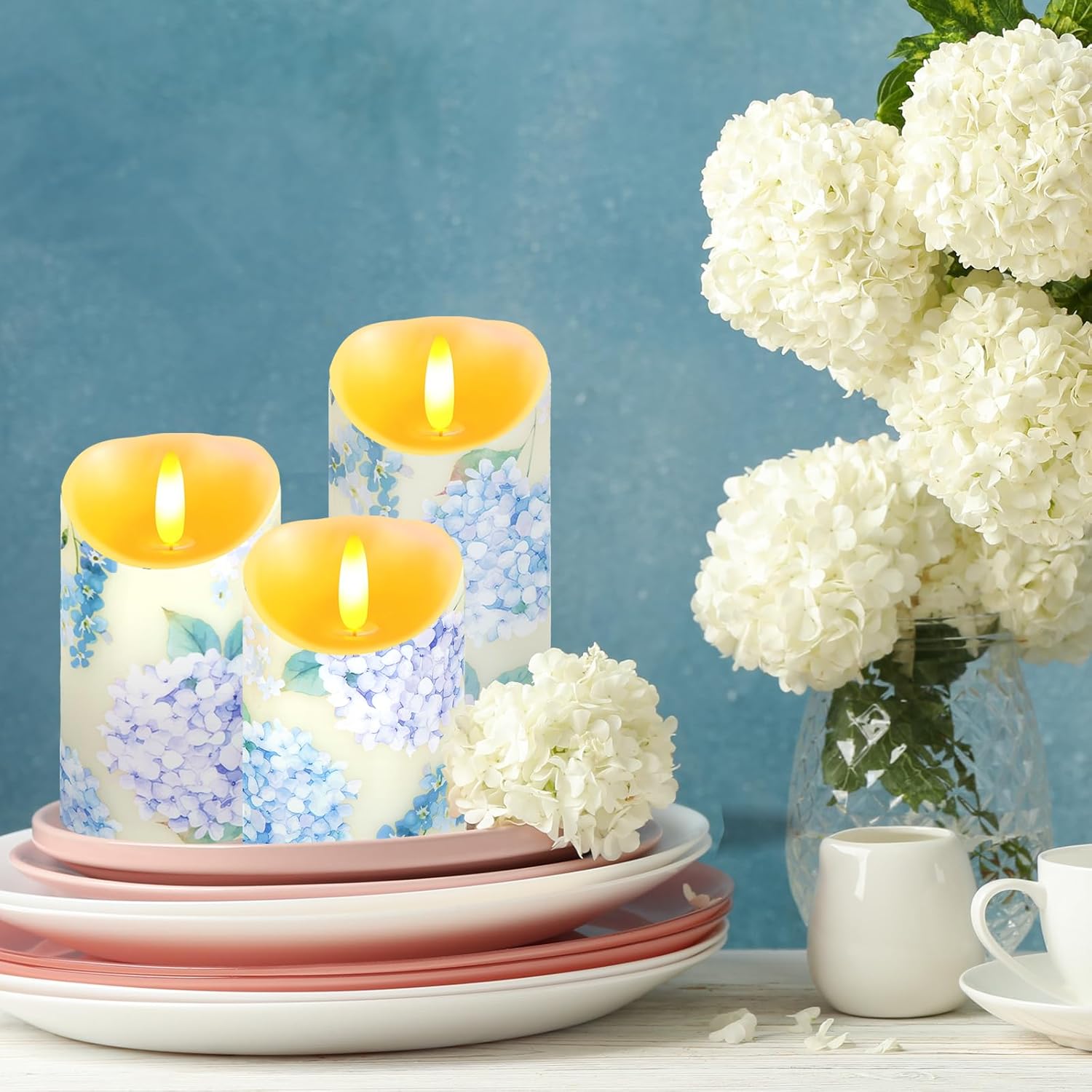 3 Pcs Hydrangea Flameless Candles Wedding Table Centerpiece Chinoiserie Candles Hydrangea Floral Printed Faux Candles with Remote Timer for Wedding Easter Home Holiday Table Decor