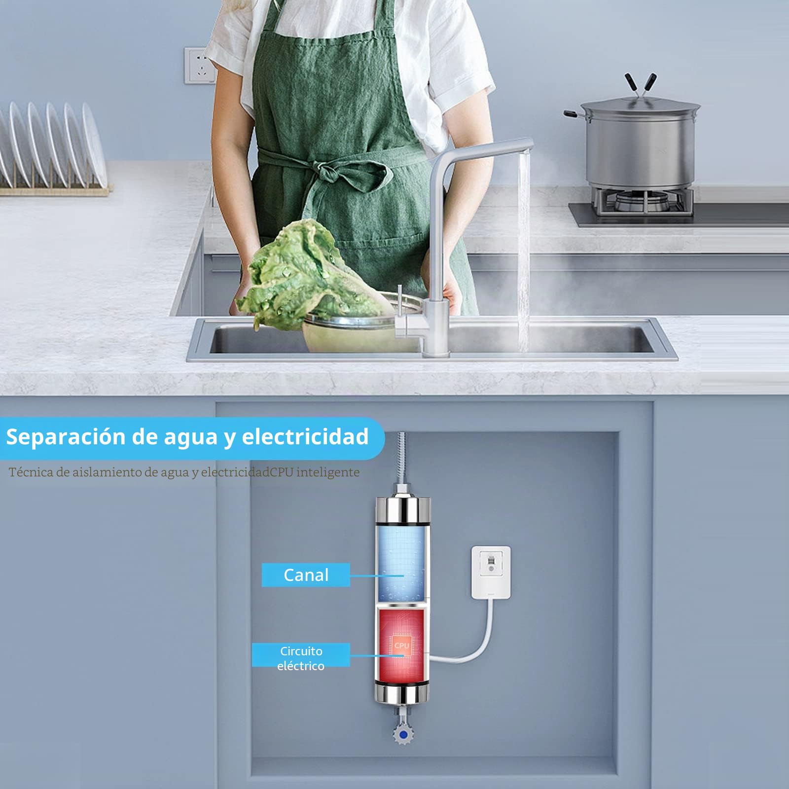 Mini calentador de agua eléctrico instantáneo, mini calentador de agua instantáneo, sin tanque, para baño, cocina, enchufe europeo, 220 V, 3500 W (plata)