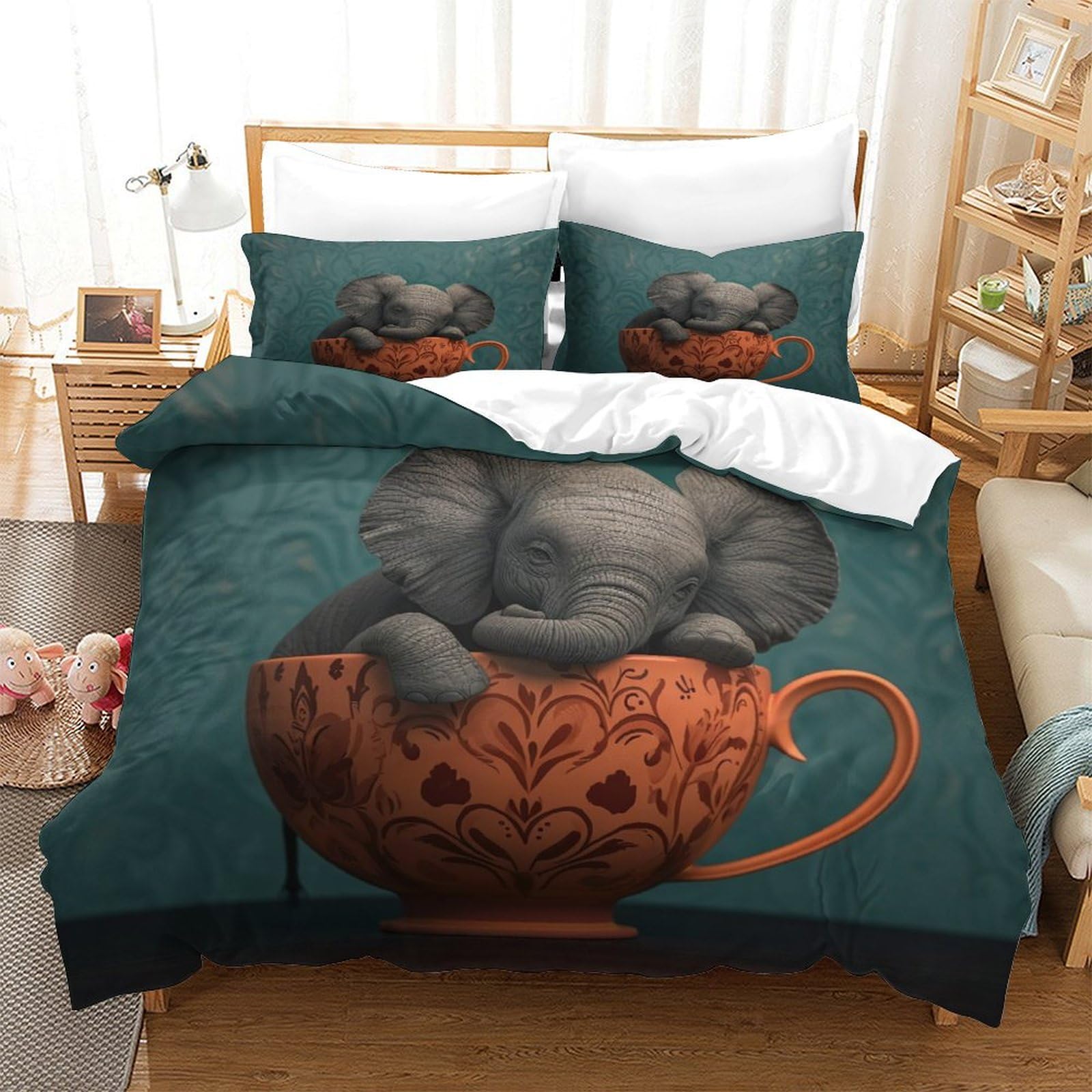 P1S9U7W5Y Adorable Teacup Elephant 3D Printed Duvet Cover Set 3 Pieces Microfiber Bedroom Decor Elephant Bedding Set for Adults Teens Gift Super king（260x220cm）