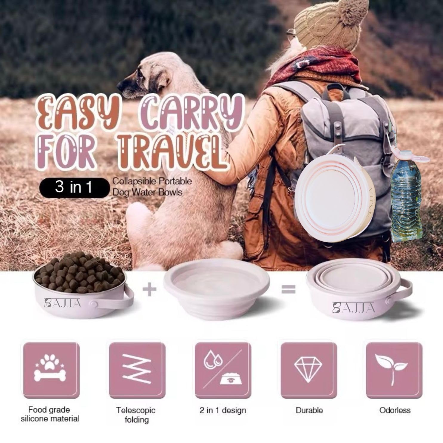 Sajja Ensemble de gamelles 3 en 1 pour animaux de compagnie avec couvercle pliable | Mousqueton et porte-bouteille d'eau | Insert d'alimentation lente | Fond en caoutchouc antidérapant | Sans BPA et