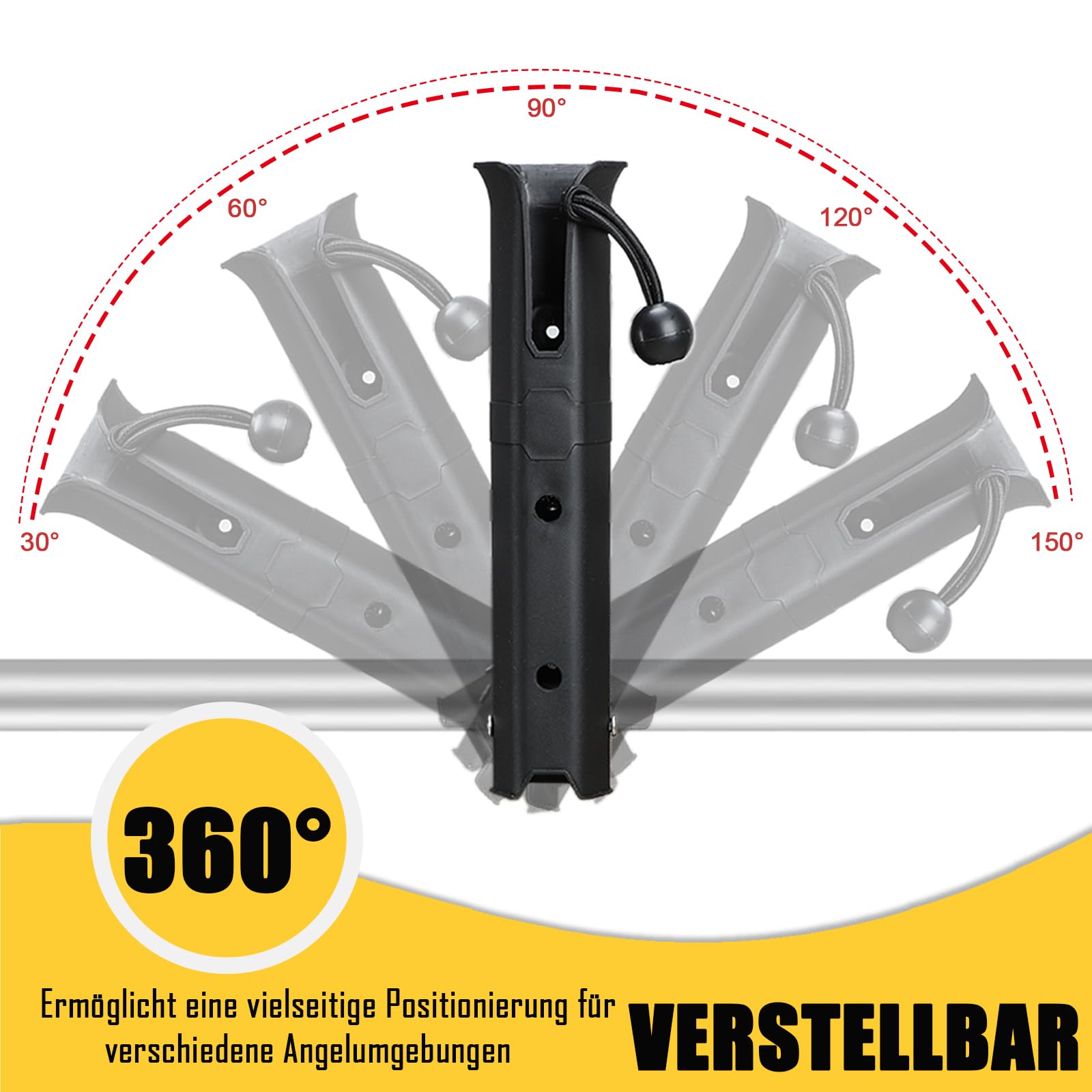 Verstellbarer Angelrutenhalter zur Montage an Stangen für Fahrräder, Angelstühle, Wagen, Roller, Motorräder, ATVs & Strandautos, Rutenhalter Angel mit Montageklemme (Innendurchmesser 4 cm)