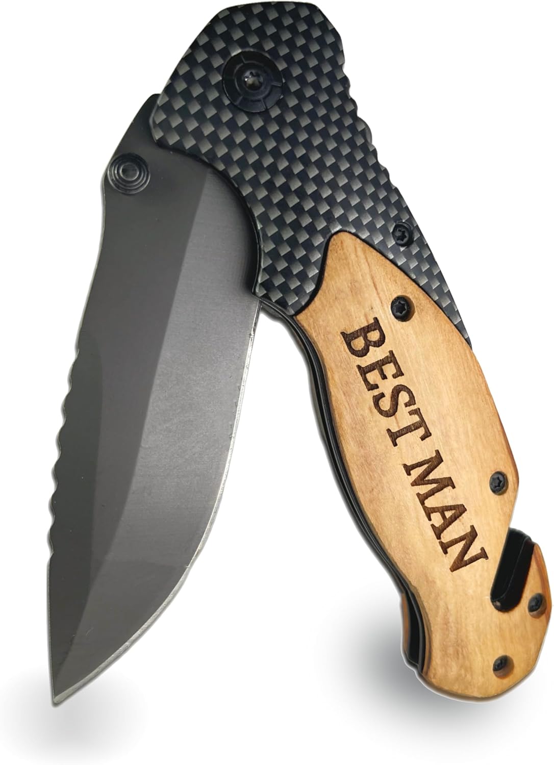 Best Man Pocket Knife Gift - Laser Engraved Wooden Knife Set With Glass Breaker, Seatbelt Cutter & Belt Clip - Ideal Best Man Proposal or Wedding Gift
