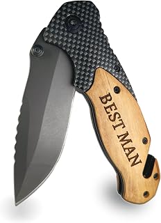 Best Man Pocket Knife Gift - Laser Engraved Wooden Knife Set With Glass Breaker, Seatbelt Cutter & Belt Clip - Ideal Best Man Proposal or Wedding Gift