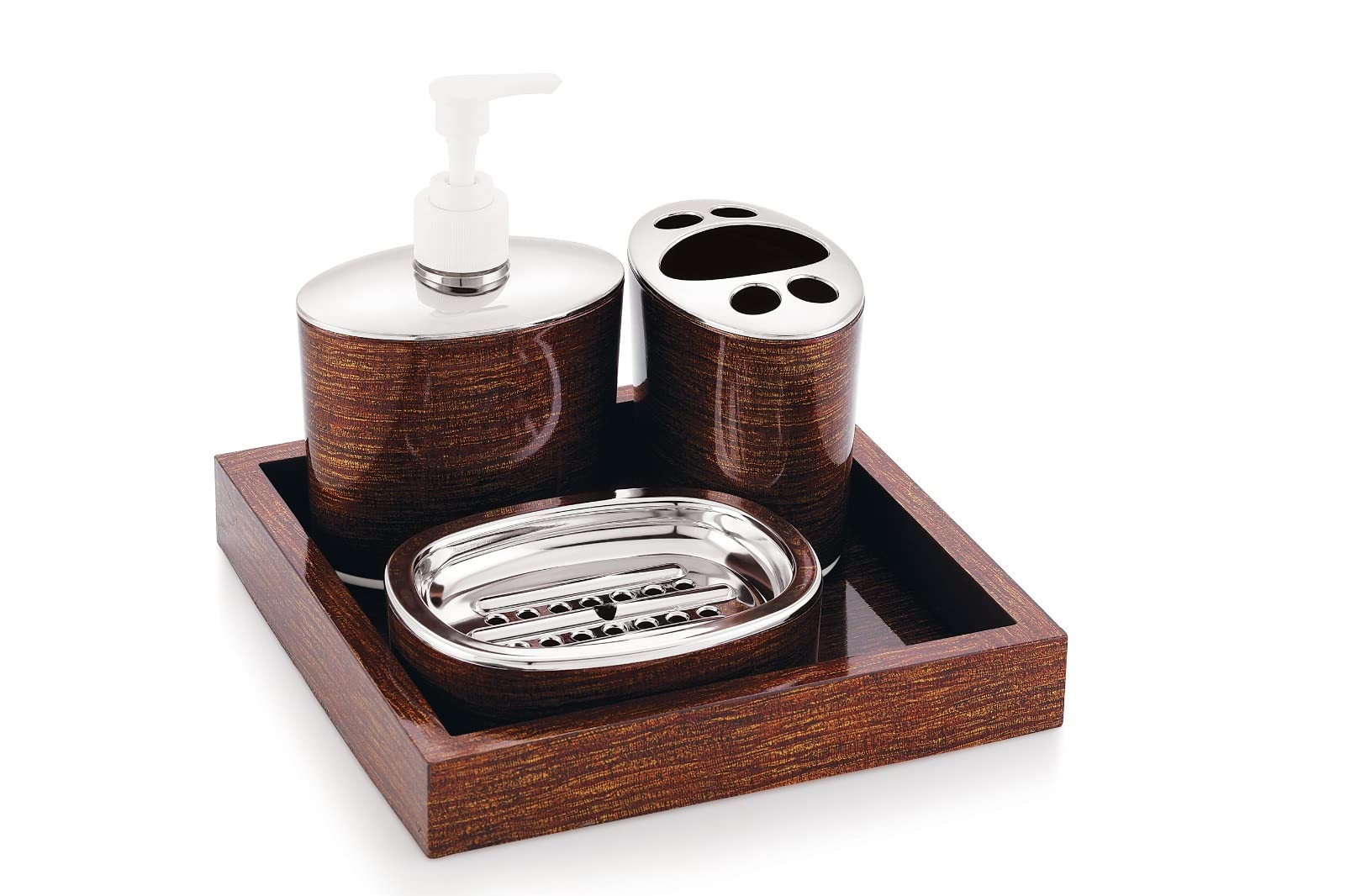 LD LUCIDO DECORE Classic 4 Pcs Luxury Bathroom Accessories Set - Liquid Soap Dispenser, Soap Dish, Hand Towel Tray, Brush Holder, Bathroom Accessories, (Classic Wooden Finish - Brown)