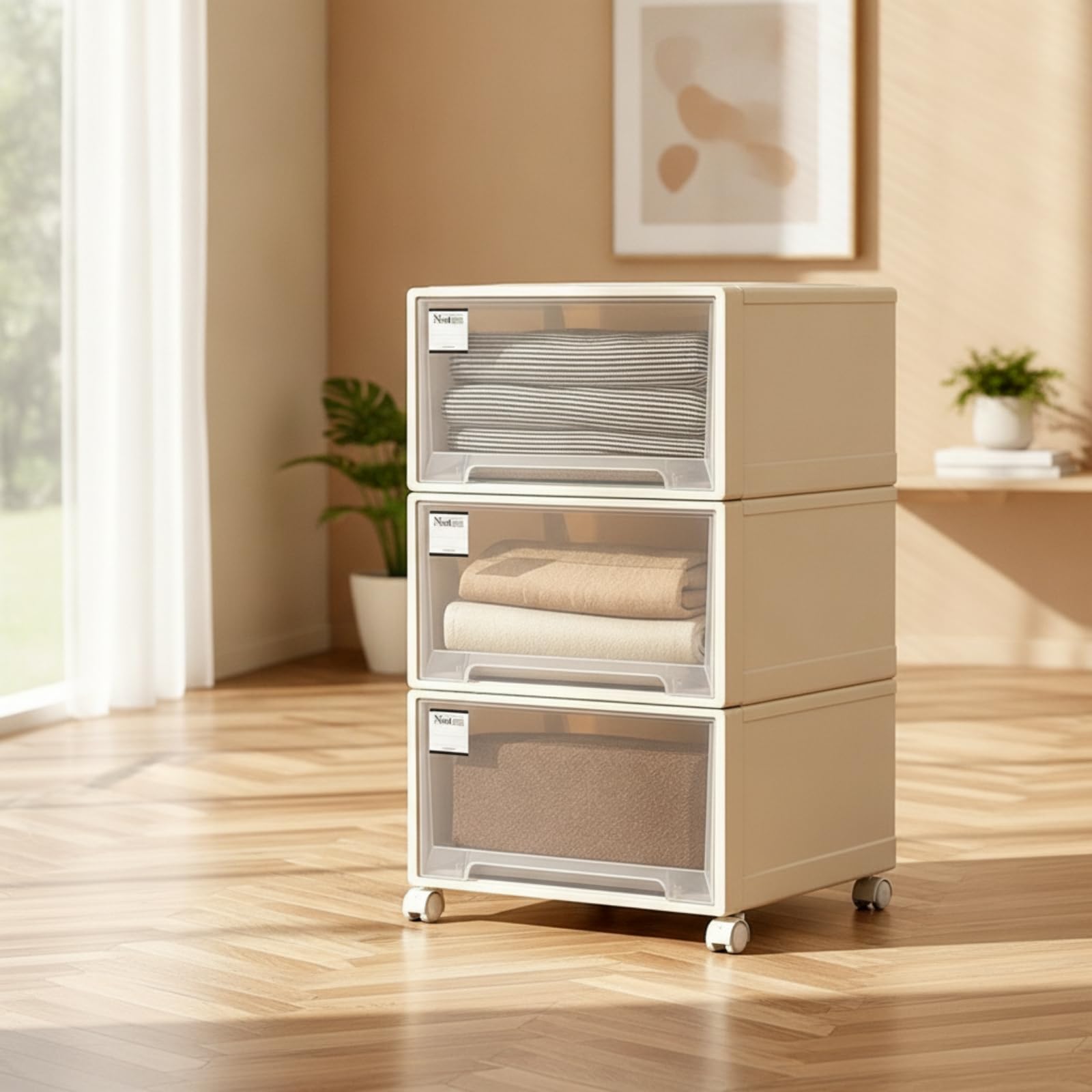 KESOTO Armario de Almacenamiento Modular Organizador Cómoda Estantería Cajonera Frente Transparente para Revisar Contenido, Transparente Albaricoque, Profundidad 53 Ancho 44 Alto 93.3cm