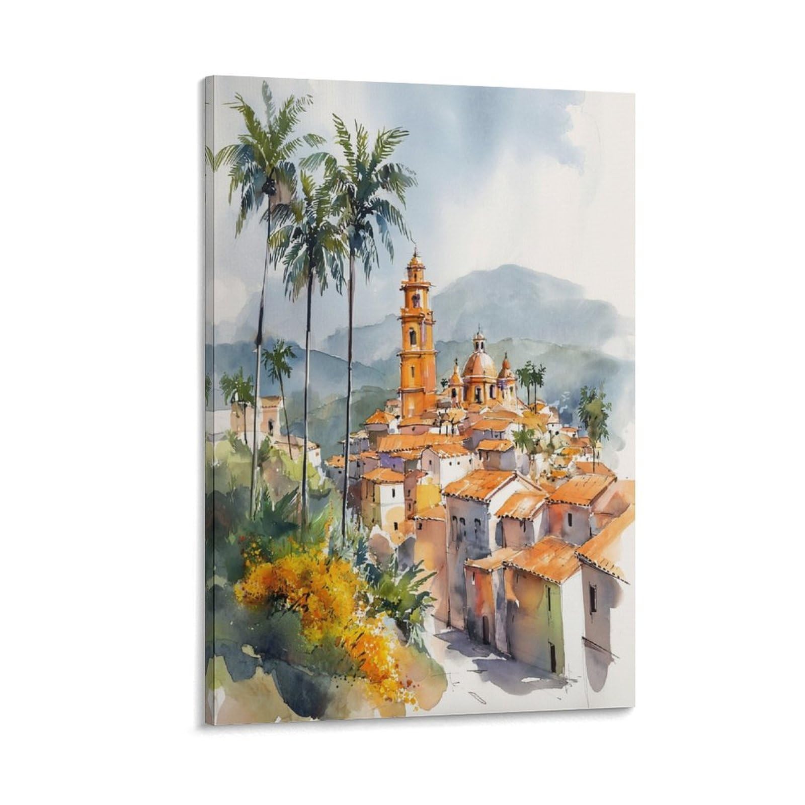 Cnaheiz Frame-Style San Salvador Watercolor Painting El Salvador Cityscape Travel Print 24X36inch(60X90cm) Vintage Watercolor Canvas Art