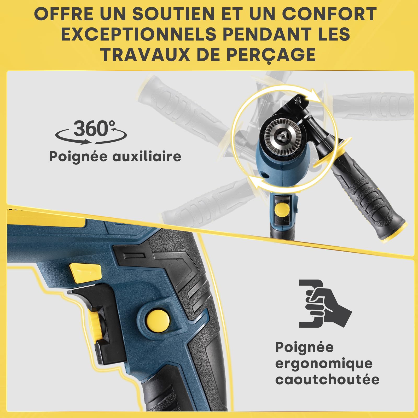 Enventor Perceuse à Percussion Filaire 750W, Perceuse électrique avec 9 Forets, Fonction 2 en 1, variateur de vitesse électronique, poignée pivotante à 360°, pour Béton, Métal et Bois
