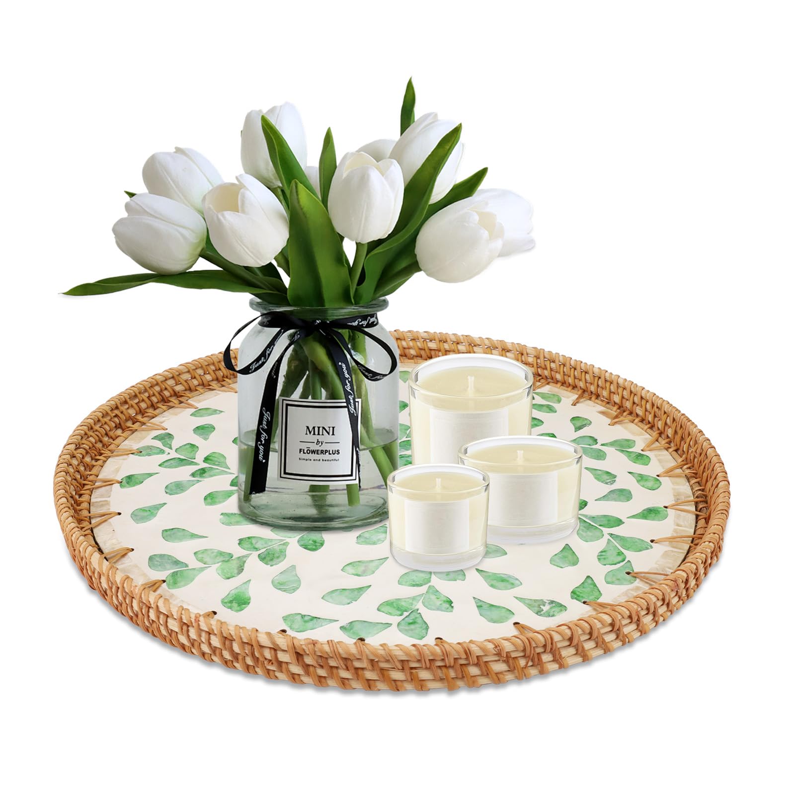 Plateau rond en rotin coquillages naturels plateau de service décoratif tressé