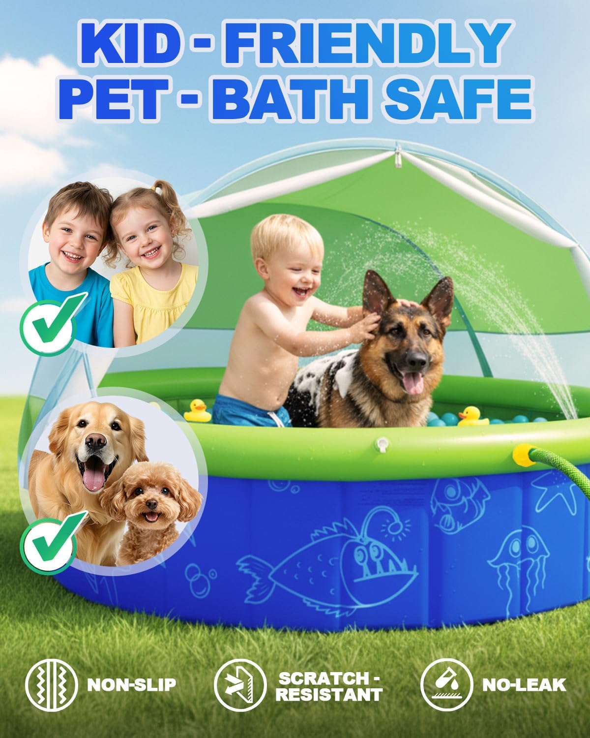 Foldable Kiddie Pool with Canopy and 20 Ocean Balls: 47in for Baby Toddler Kids- Summer Water Play Pool with Shade - Portable for Outdoor Backyard Beach