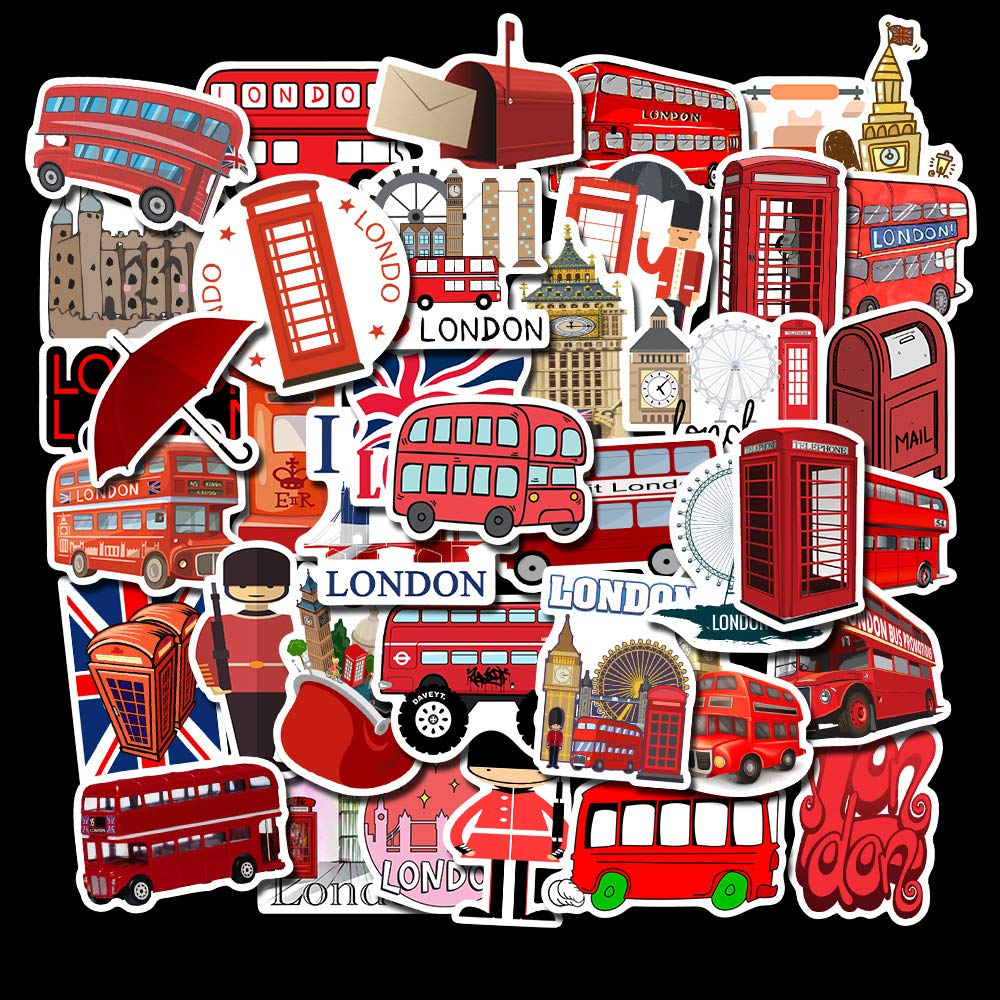 Transportation London Bus Pegatinas para ordenador portátil (50 unidades), regalo para niños, adolescentes, adultos, niñas, coches, taxi, álbumes de recortes, monopatín