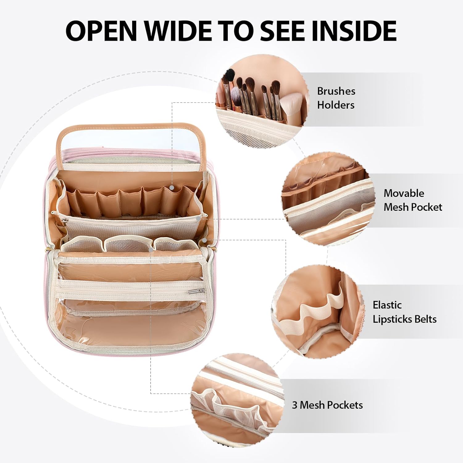 Standing Makeup Bag, Large Capacity with Room for Brushes and Mirror, Travel Makeup Organizer, Portable Stand Up Make Up Case, Waterproof Cosmetic Toiletry Bags with Handle, Color Light Pink