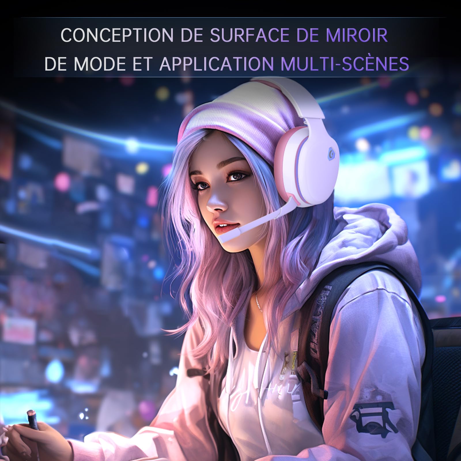 Gvyugke Casque Gaming sans Fil, Casque Gamer 2,4 GHz pour PC/PS5/Switch, Casque Gaming PS5 avec Transducteurs 50mm, Microphone Anti-Bruit, Casque PS5 avec Son Surround (Rose)