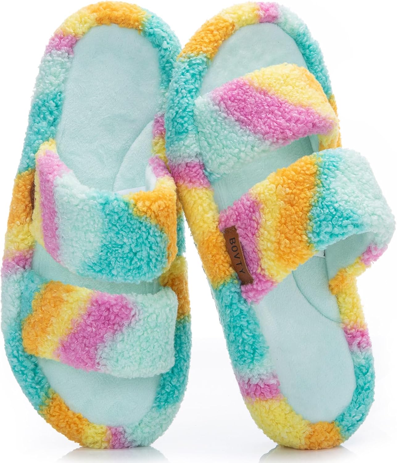 BOVTY Women's Fuzzy Open-toe Bowknot & Double-Strap Slippers, Memory Foam Non-Slip Indoor House Slides