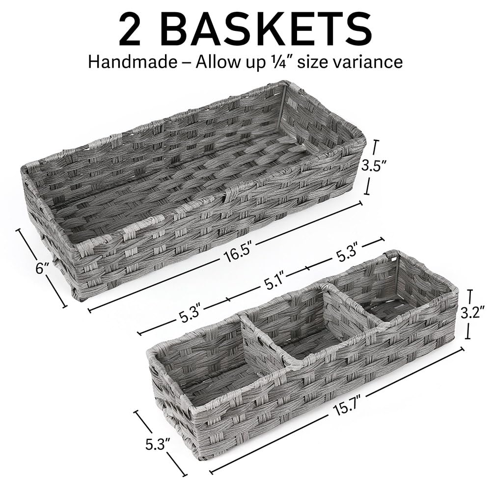 LotFancy Toilet Paper Storage Basket, 2 Pack Woven Toilet Tank Topper Basket, Back of Toilet Storage Basket, Rustic Farmhouse Bathroom DÃ©cor, Grey