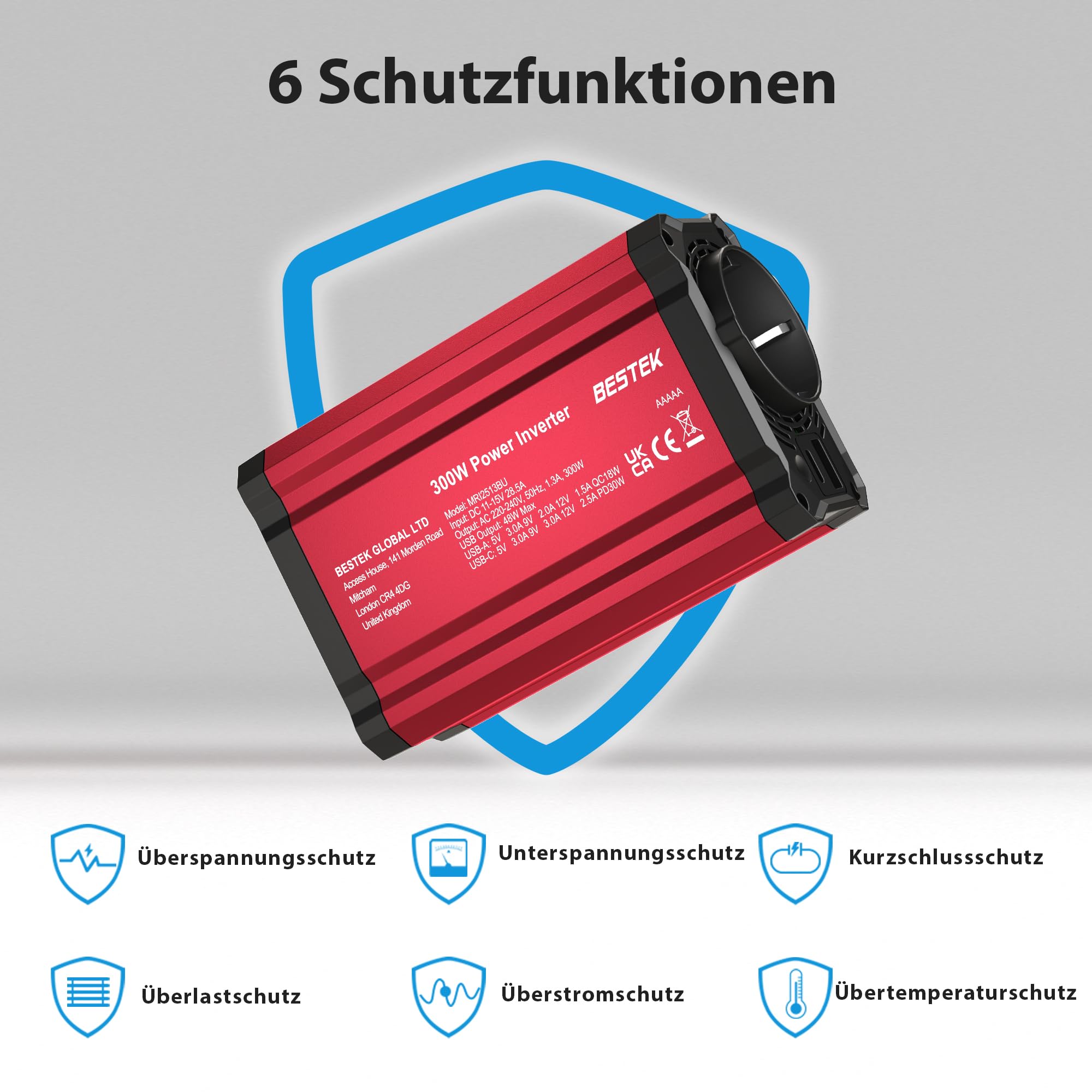 BESTEK Inversor 12v 220v Onda Pura 300W,Transformador 12V a 220V Convertidor Onda con 1 AC Tomas Y 2 USB-C (PD30 W) 2 USB-QC (18 W) sinusoidal con Protección para Barco,Caravana,Coche