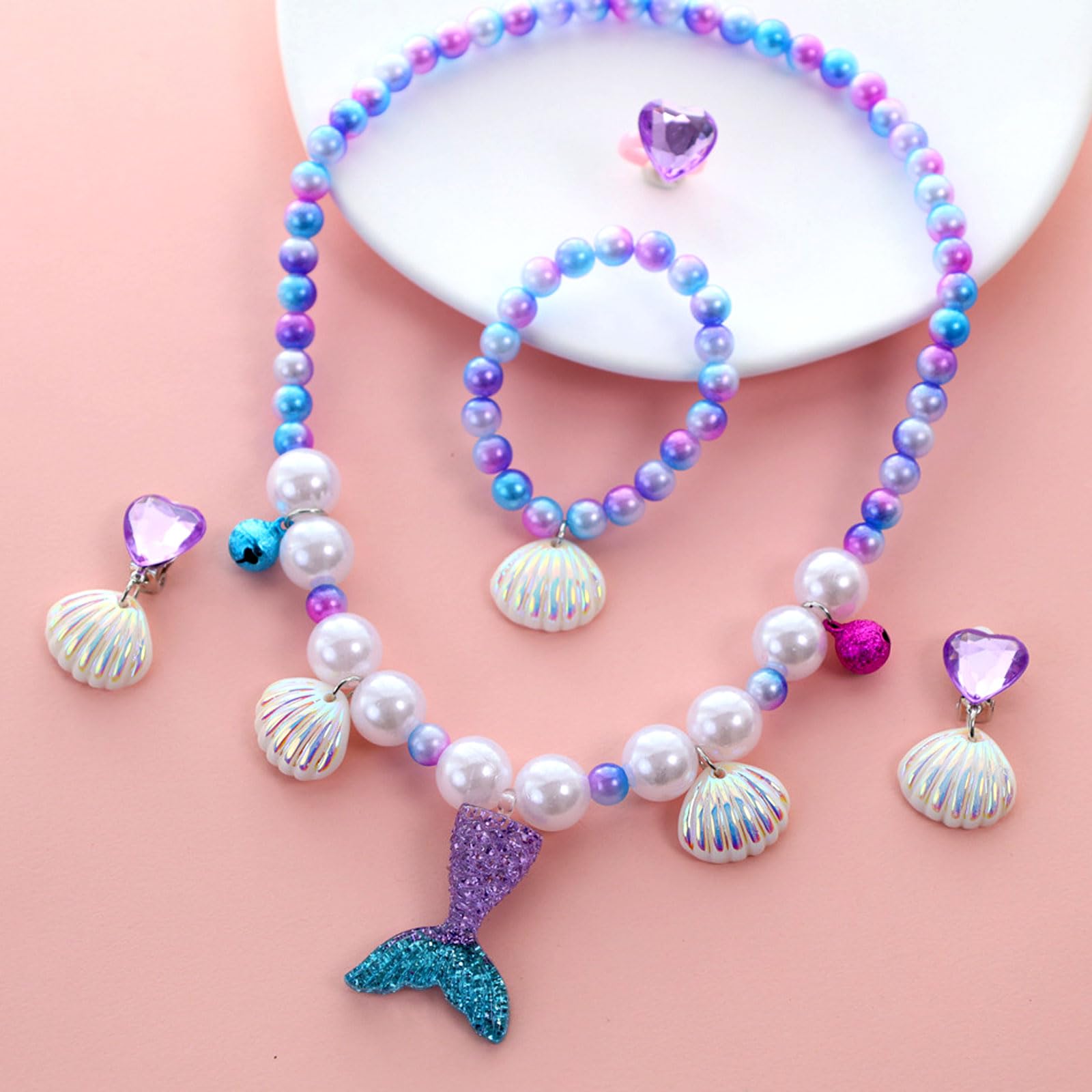 GWAWG Mermaid Bag Jewellery Gift Set: 7 PCS Princess Necklace, Bracelet, Rings, Earrings - Image 3