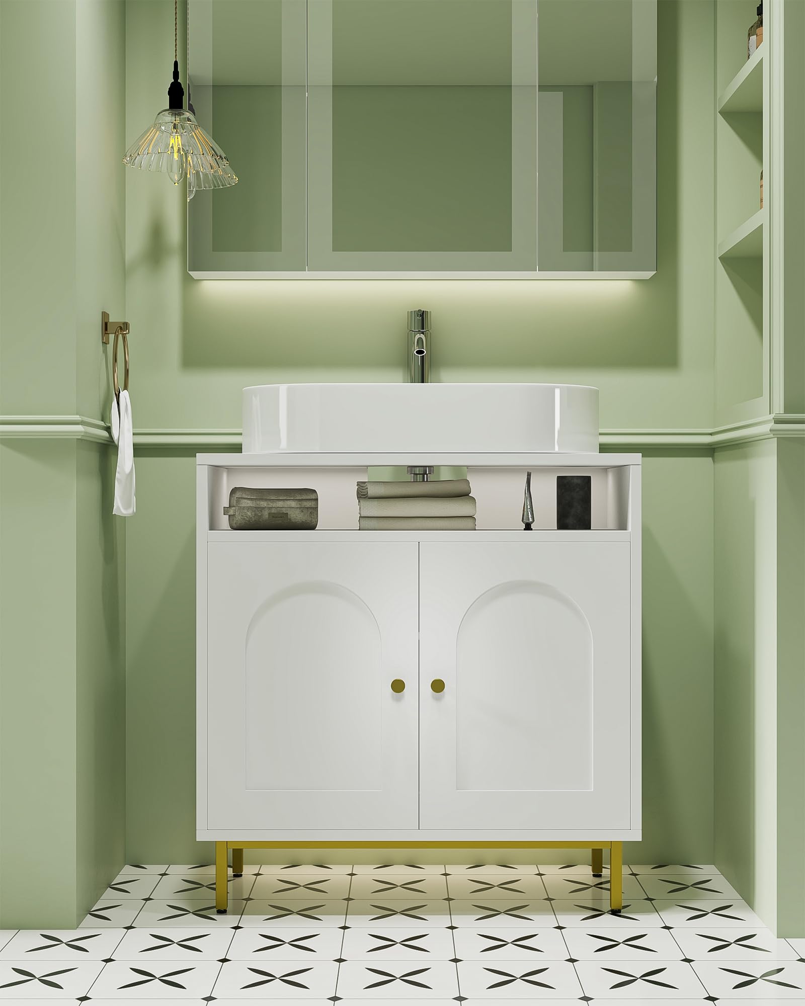 Hzuaneri Waschbeckenunterschrank 90cm Weiß | Badezimmerschrank Mit 2 Türen & 3 Offenen Fächern | Höhenverstellbar