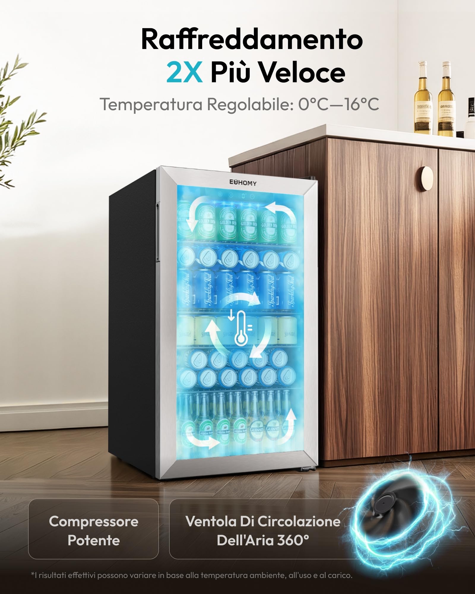 EUHOMY Frigorifero per bevande, mini frigo per 126 lattine con porta in vetro, piccolo frigorifero con ripiani regolabili per limonata, birra o vino, perfetto per casa/bar, ufficio, argento, acciaio