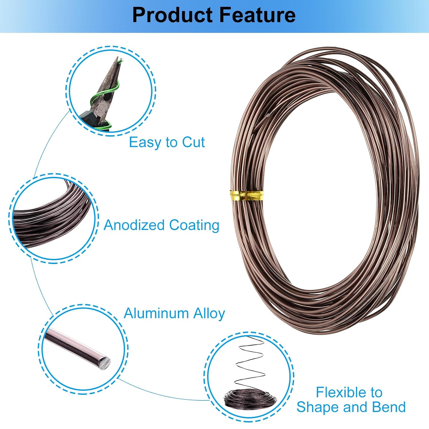 PATIKIL Bonsai Training Wire 1.0mm/1.5mm/2.0mm/2.5mm/3.0mm, 5 Roll Floral Wire Stems Anodized Aluminum Tree Wire 146 Feet Total for Gardening Branch Fixing, Brown
