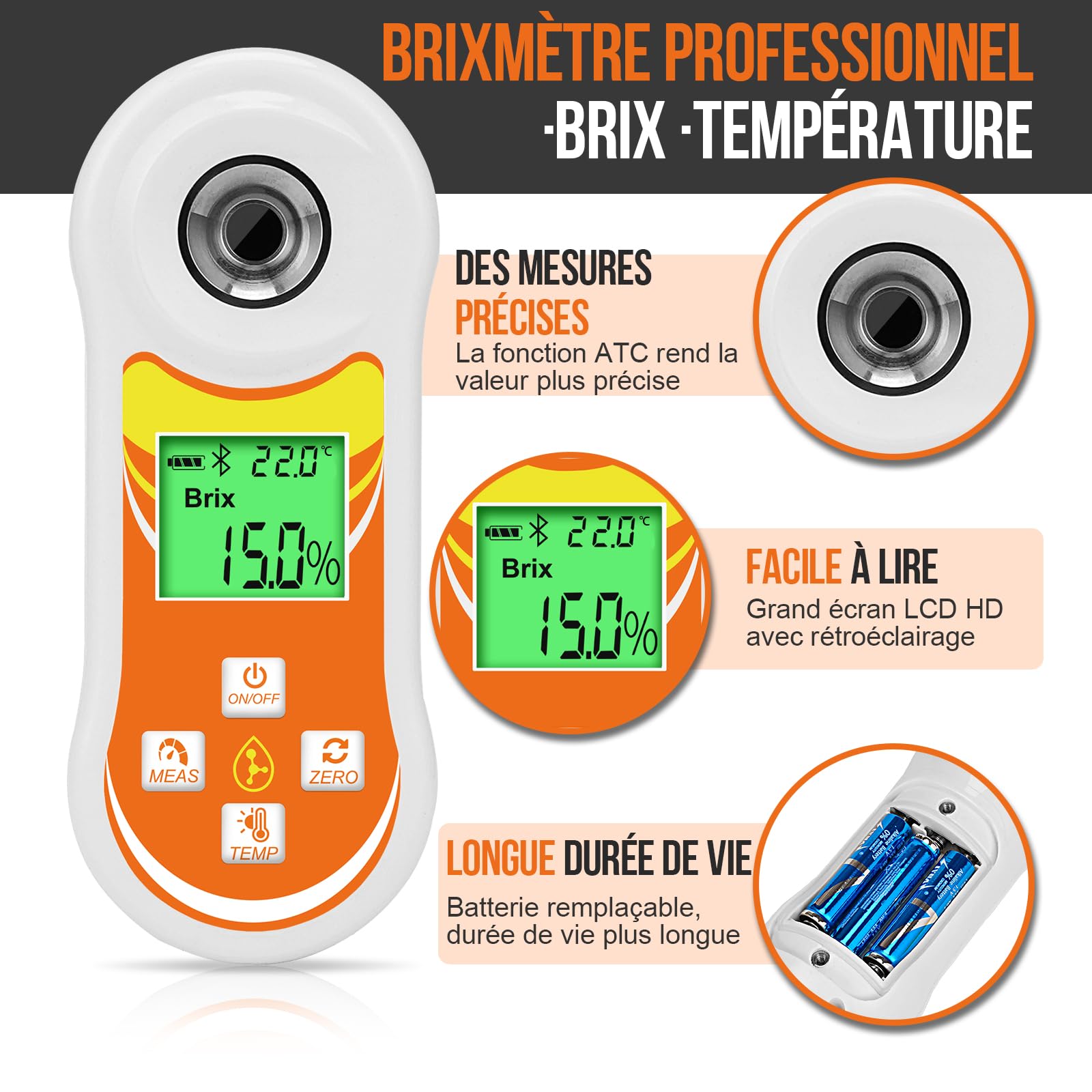 YINMIK Réfractomètre Brix, Testeur Numérique Brix (0-60%) | Thermomètre à Sucre avec ATC, Brix Portable pour Fruits, Brassage de Vin et de Bière, Café, Jus, Aliments, Légumes