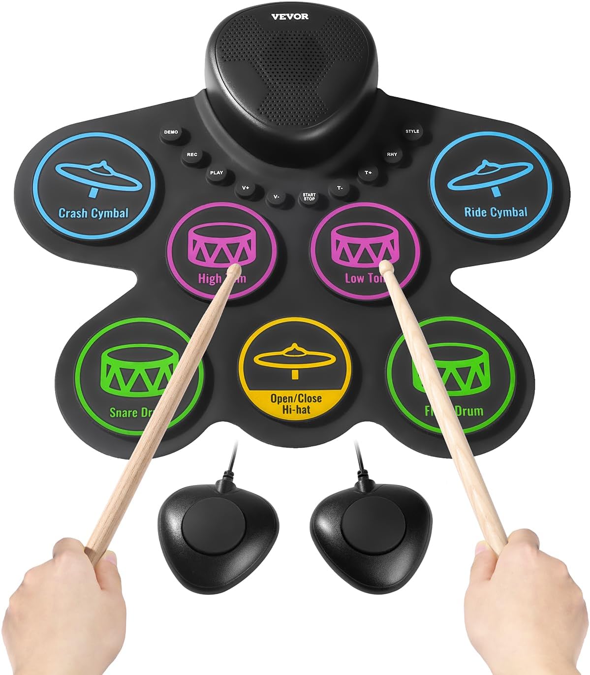 VEVOR Electronic Drum Set, 7 Pads, Roll-Up Practice Drum Pad with Headphone Jack, Built-In Speaker, Electric Drum Kit with Pedals, Sticks, Great Holiday Xmas Birthday Gift for Kids Age 3+