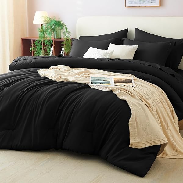 CozyLux Full Comforter Set Black, 7 Pieces Bed in a Bag Soft Bedding Comforter Set with Sheets, All Season Boho 7PC Bed Sets with Comforter, Fitted Sheets, Flat Sheets, Pillow Shams and Pillowcases