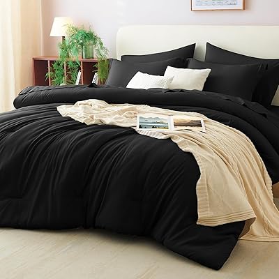 CozyLux Queen Comforter Set Black, 7 Pieces Bed in a Bag Soft Bedding Comforter Set with Sheets, All Season Boho 7PC Bed Sets with Comforter, Fitted Sheets, Flat Sheets, Pillow Shams and Pillowcases