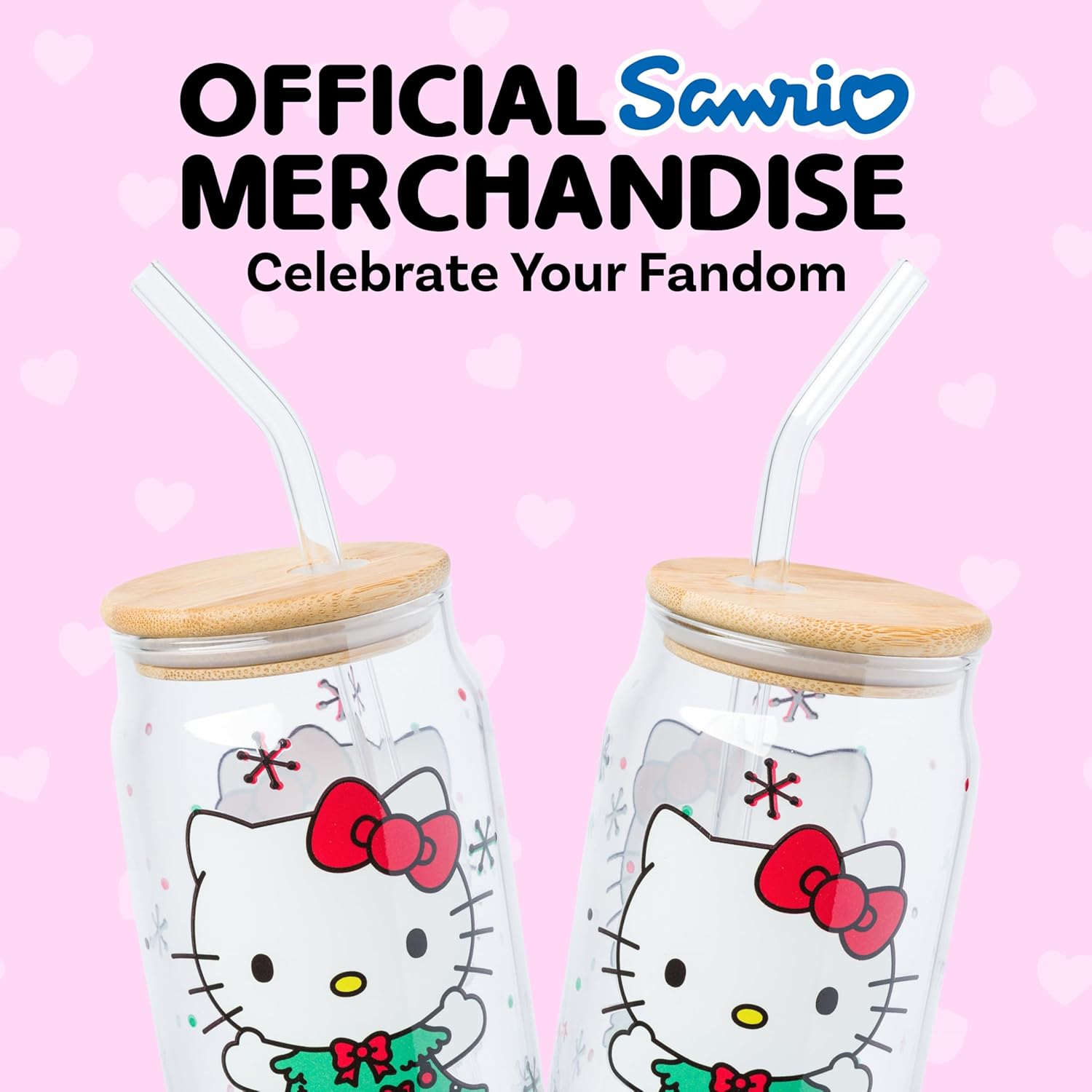 Silver Buffalo Sanrio Hello Kitty Holiday Glass Tumbler with Bamboo Lid and Glass Straw, 16 Ounces - Image 5