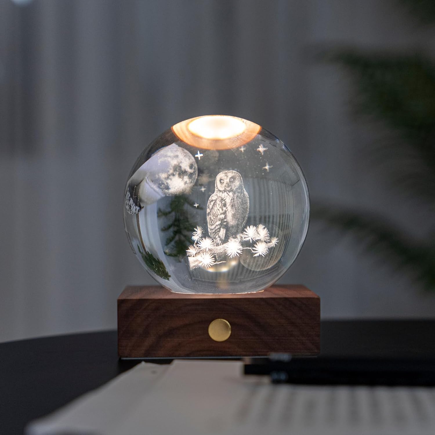 Gingko Design Amber Crystal Light – Owl Moon | Handcrafted LED Lamp with Wooden Base | Rechargeable USB Night Light | Unique Gift for Home, Office & Bedroom Décor