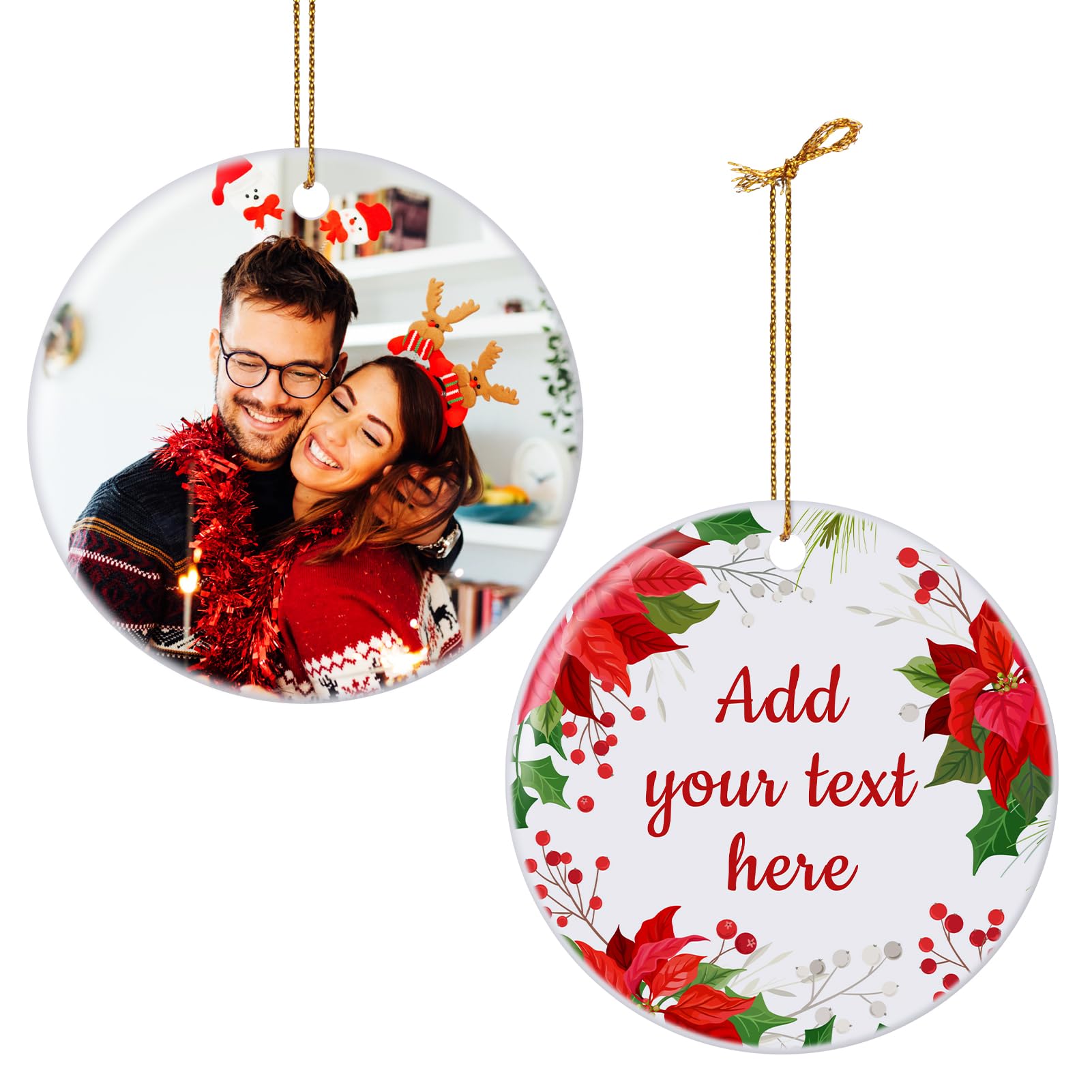 Adorno de Navidad personalizado con foto, añade texto de imagen y diseño de impresión de 2 caras, recuerdo personalizado de cerámica, boda, graduación, adorno de Navidad familiar
