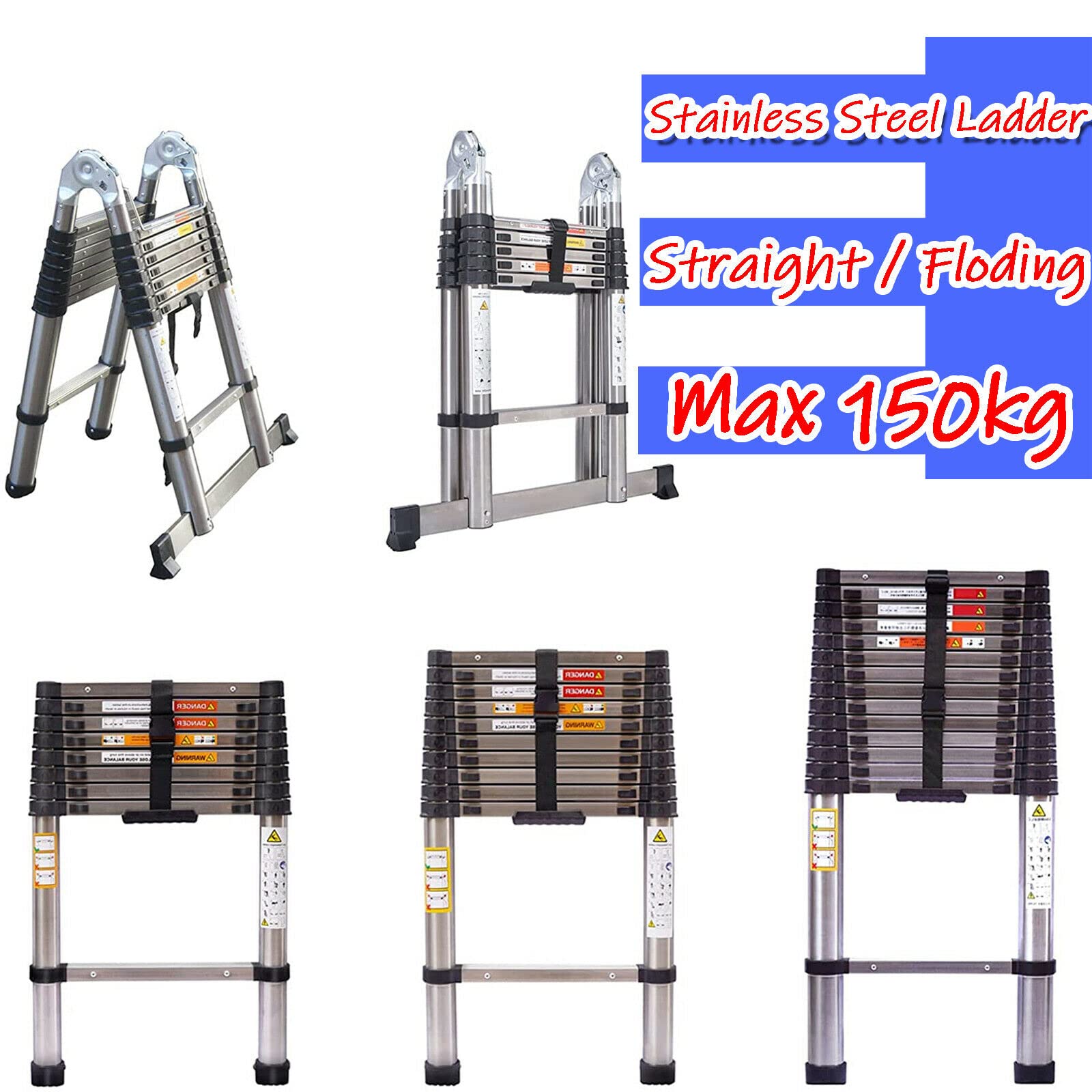 Scala telescopica con stabilizzatore, 5 m (2,5 m + 2,5 m), scala pieghevole ad A, in acciaio inox di alta qualità, scala allungabile, scala multiuso, portata 150 kg